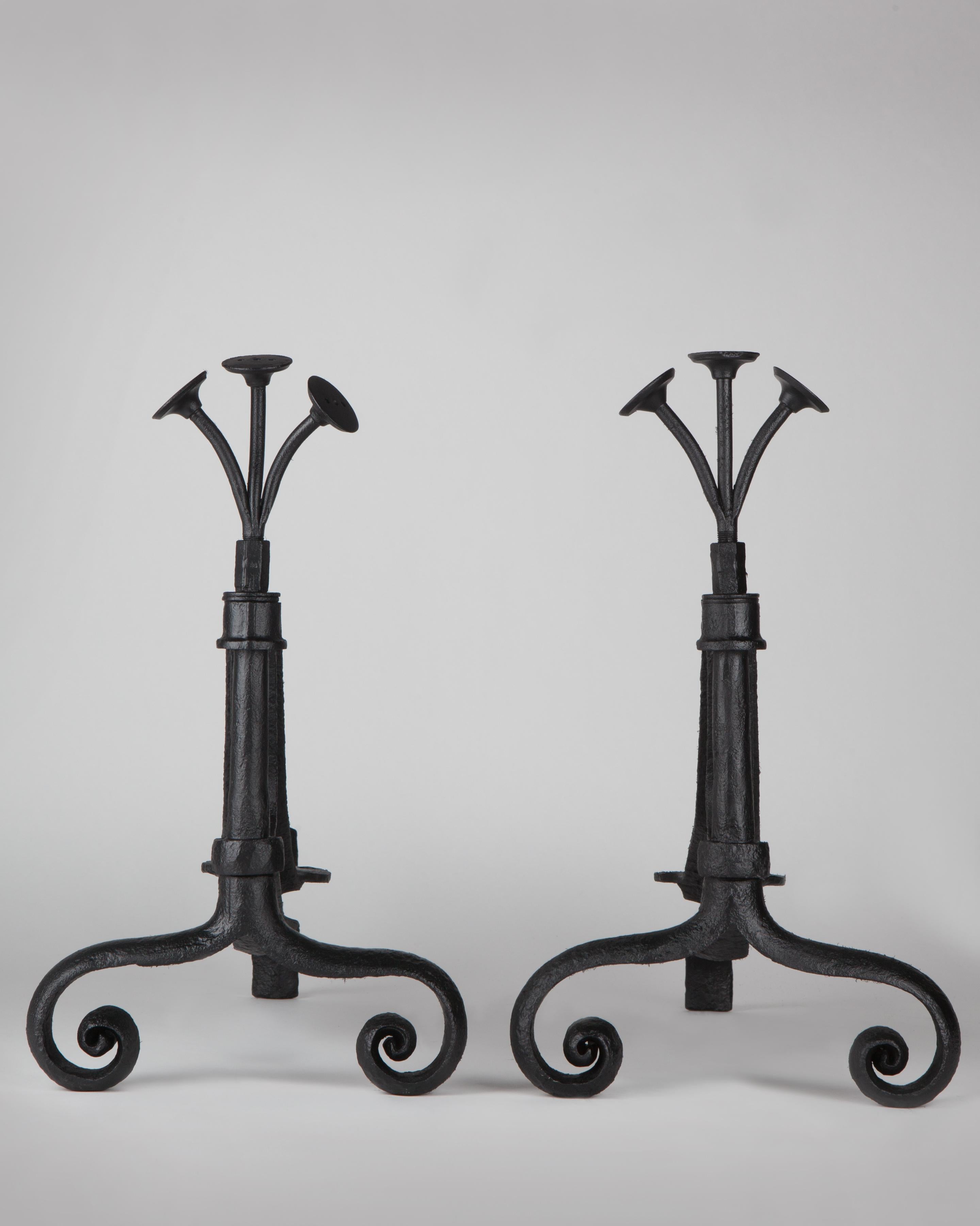 Folk Art Industrial Forged and Blackened Iron Andirons with Scroll Feet, c. 1940 In Good Condition For Sale In New York, NY
