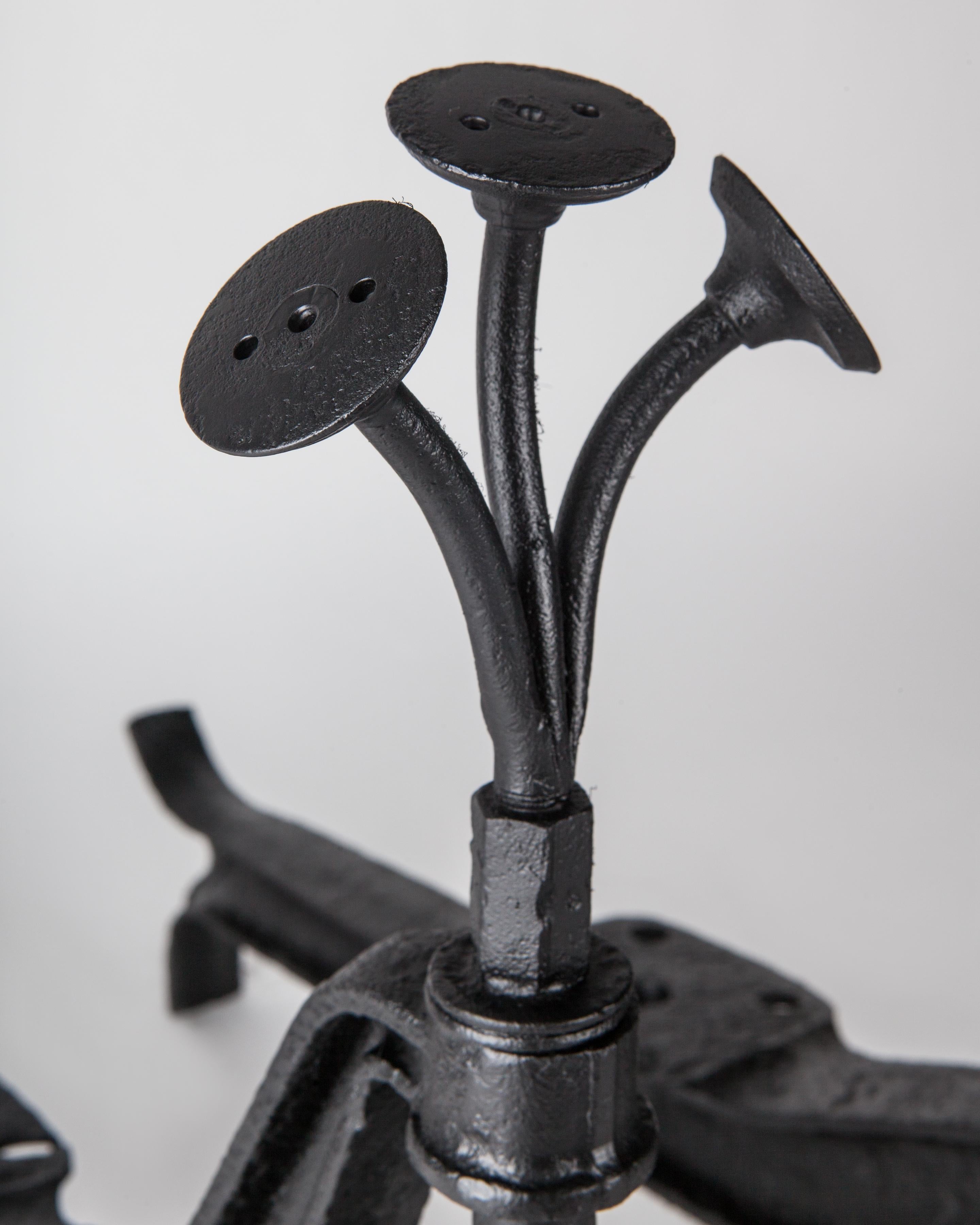 Mid-20th Century Folk Art Industrial Forged and Blackened Iron Andirons with Scroll Feet, c. 1940 For Sale