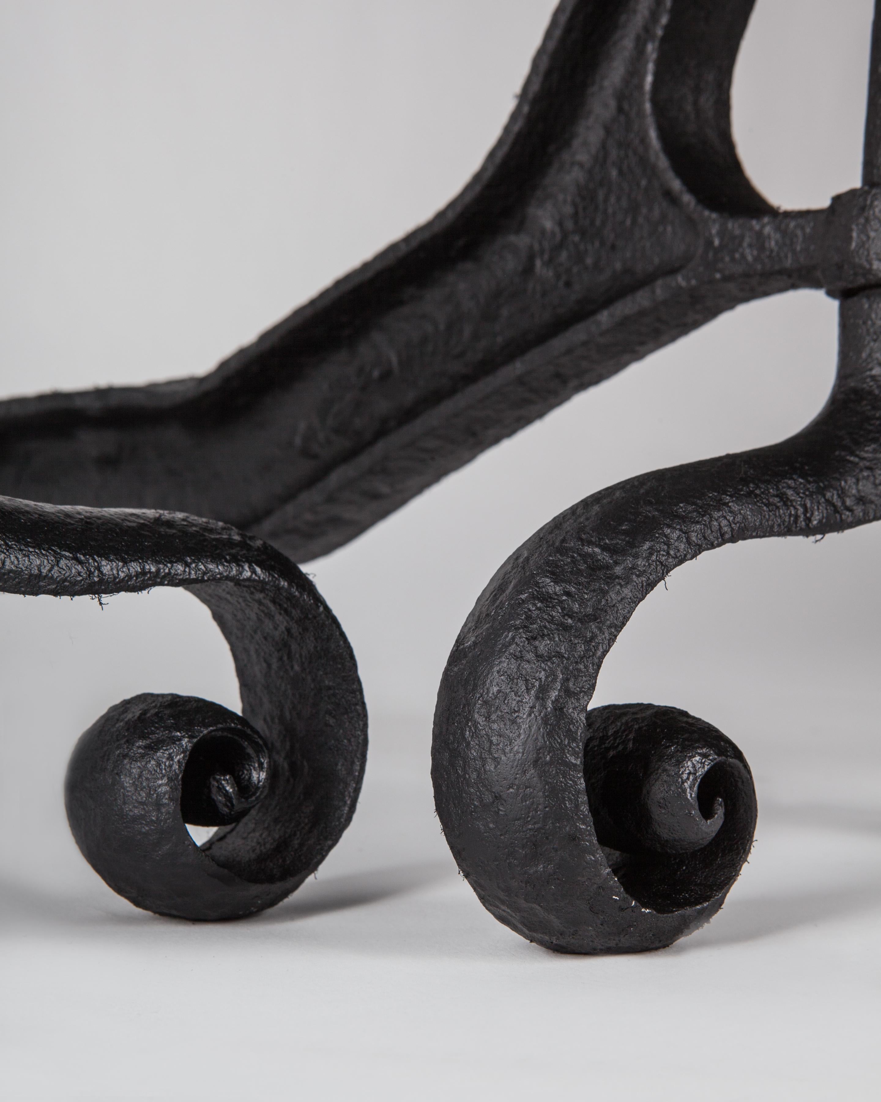 Wrought Iron Folk Art Industrial Forged and Blackened Iron Andirons with Scroll Feet, c. 1940 For Sale