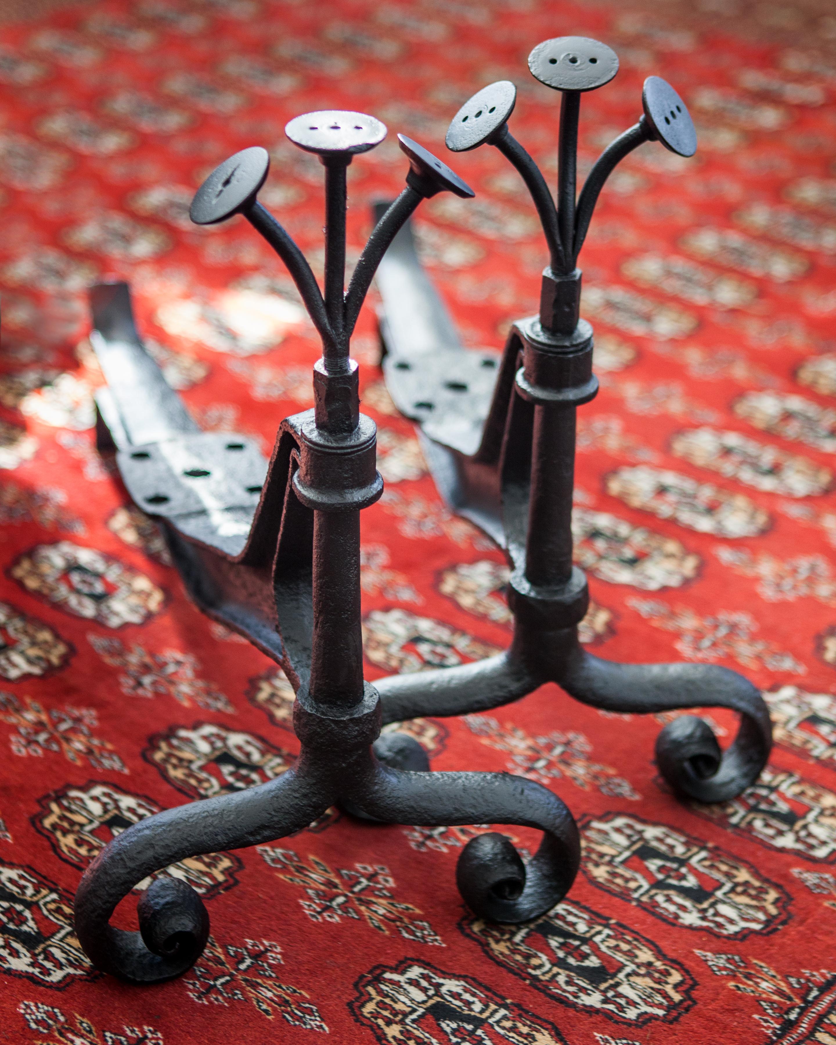 Folk Art Industrial Forged and Blackened Iron Andirons with Scroll Feet, c. 1940 For Sale 1