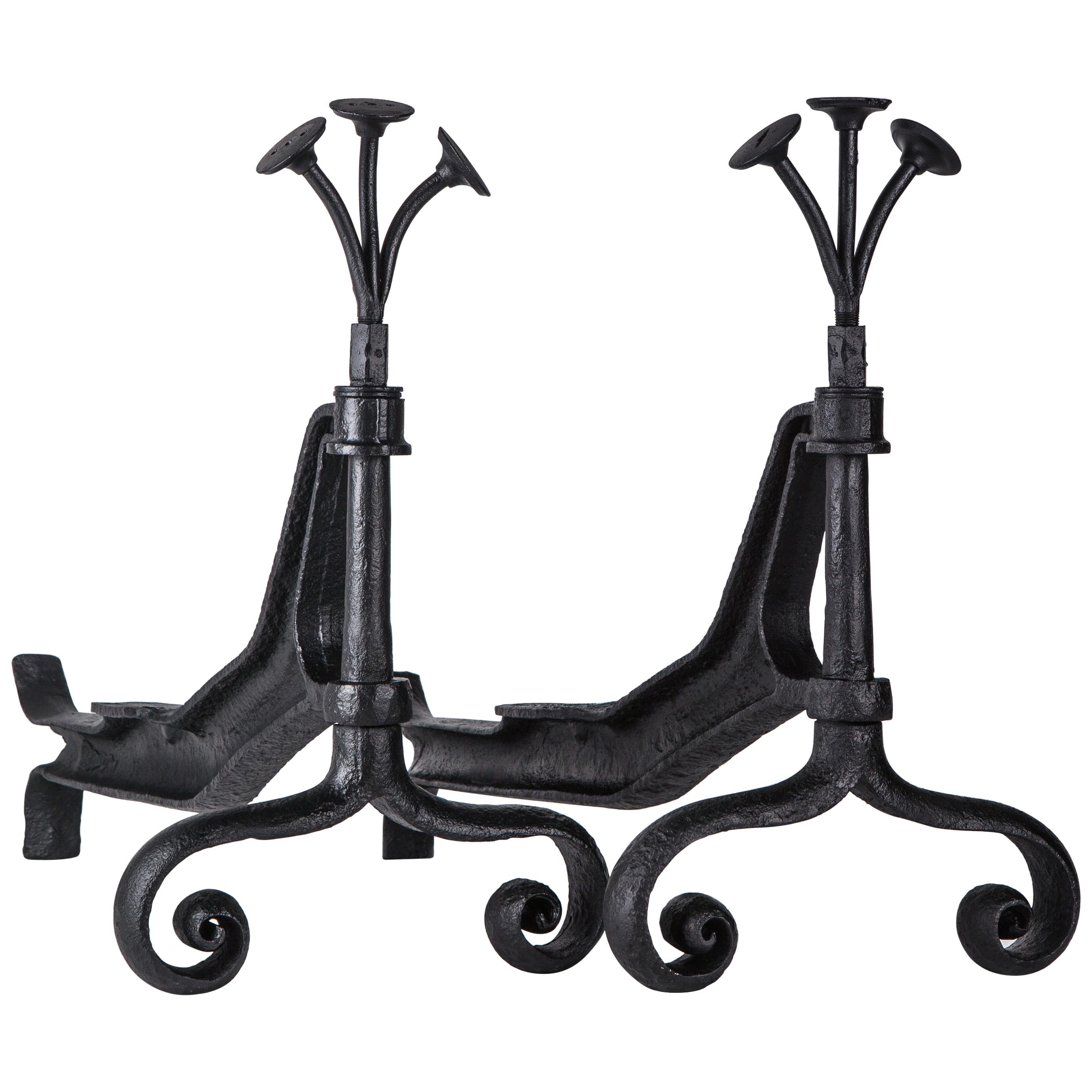 Folk Art Industrial Forged and Blackened Iron Andirons with Scroll Feet, c. 1940