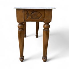 Folk Art Inspired Carved Walnut Fish & Shell Motif Console Table W/ Marble Top