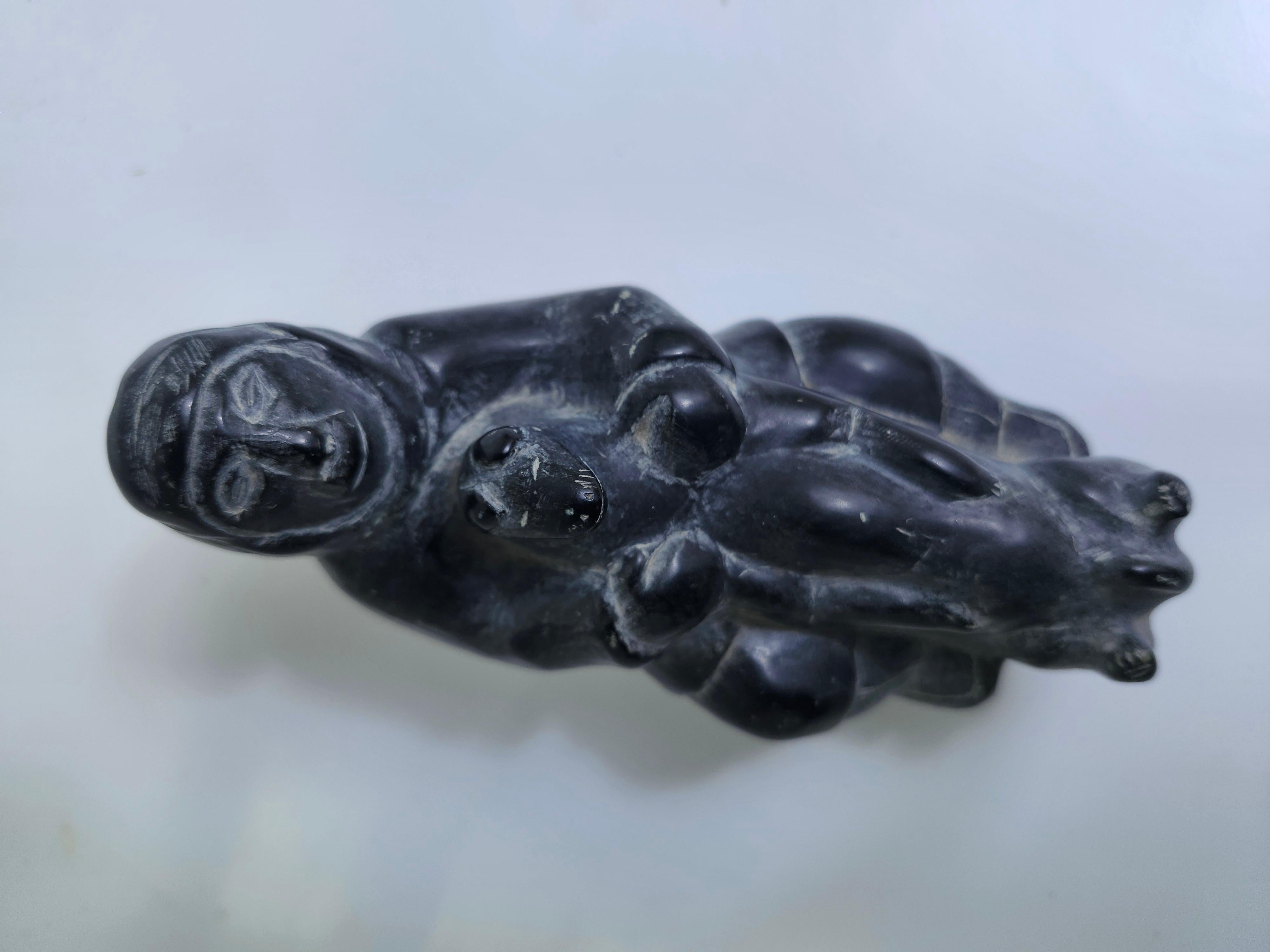 Folk Art Inuit Hand Carving of a Man with a Bear in Soapstone C1975 For Sale 5