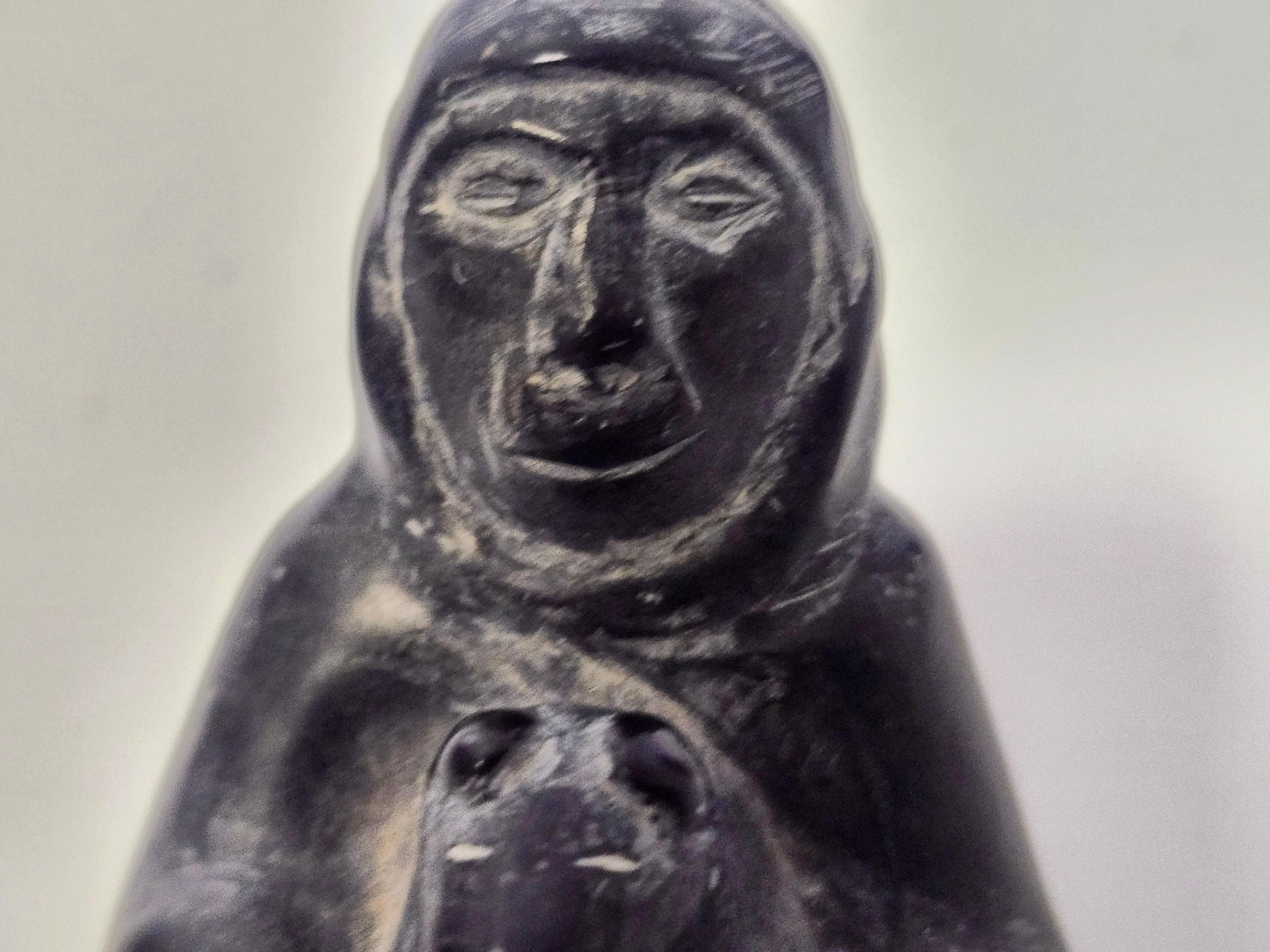 Canadian Folk Art Inuit Hand Carving of a Man with a Bear in Soapstone C1975 For Sale