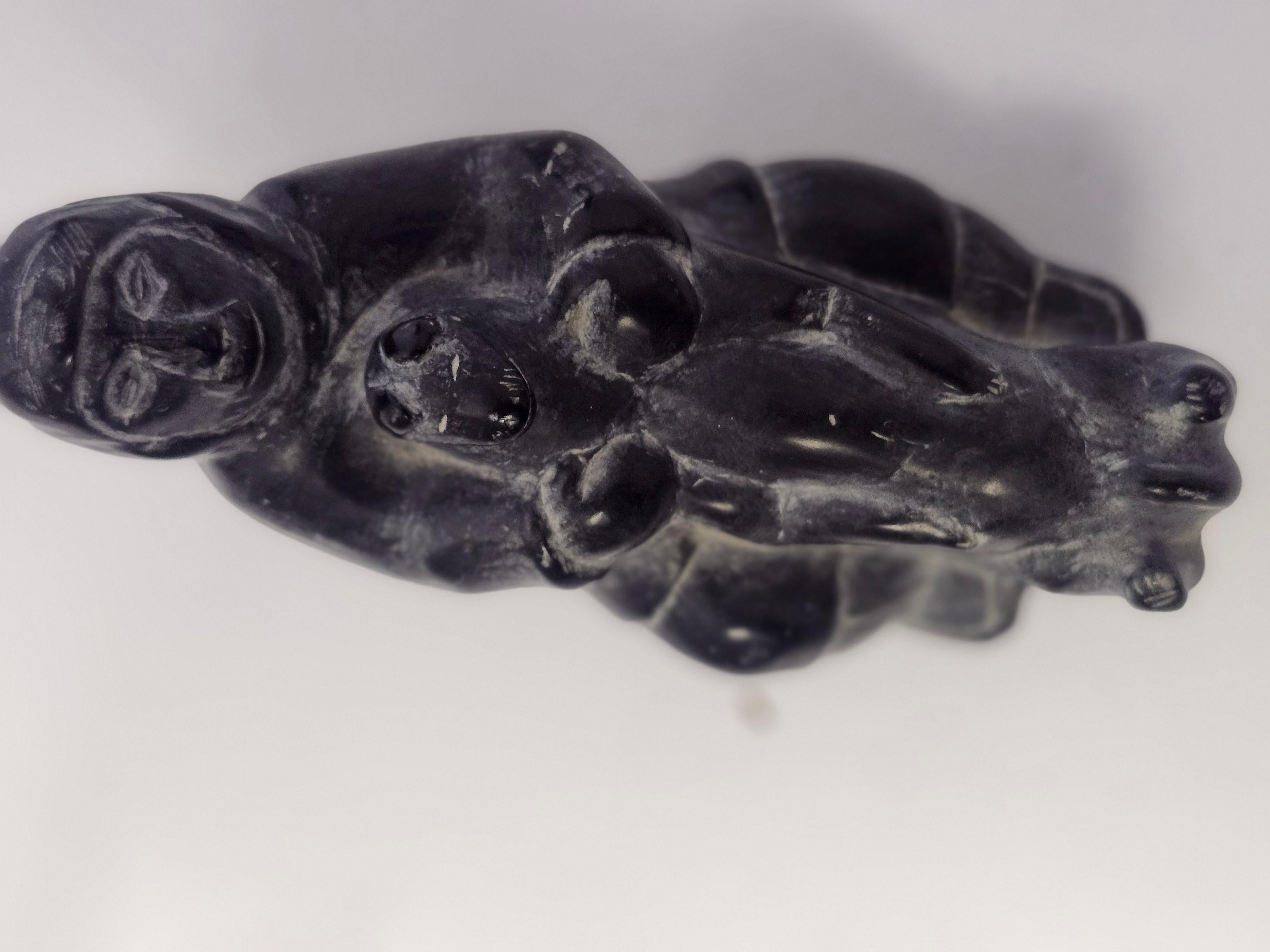 Folk Art Inuit Hand Carving of a Man with a Bear in Soapstone C1975 In Good Condition For Sale In Port Jervis, NY