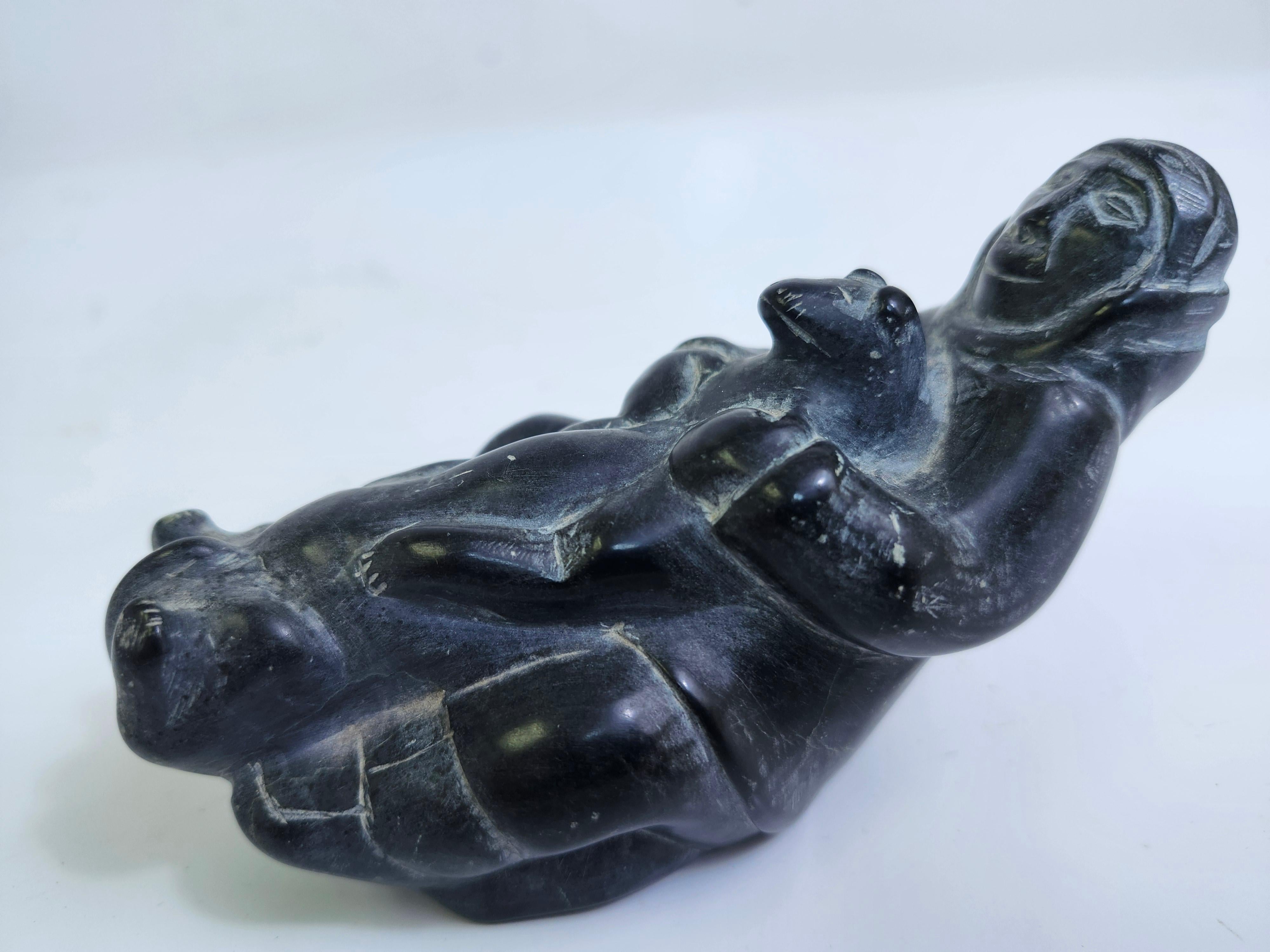 Late 20th Century Folk Art Inuit Hand Carving of a Man with a Bear in Soapstone C1975 For Sale