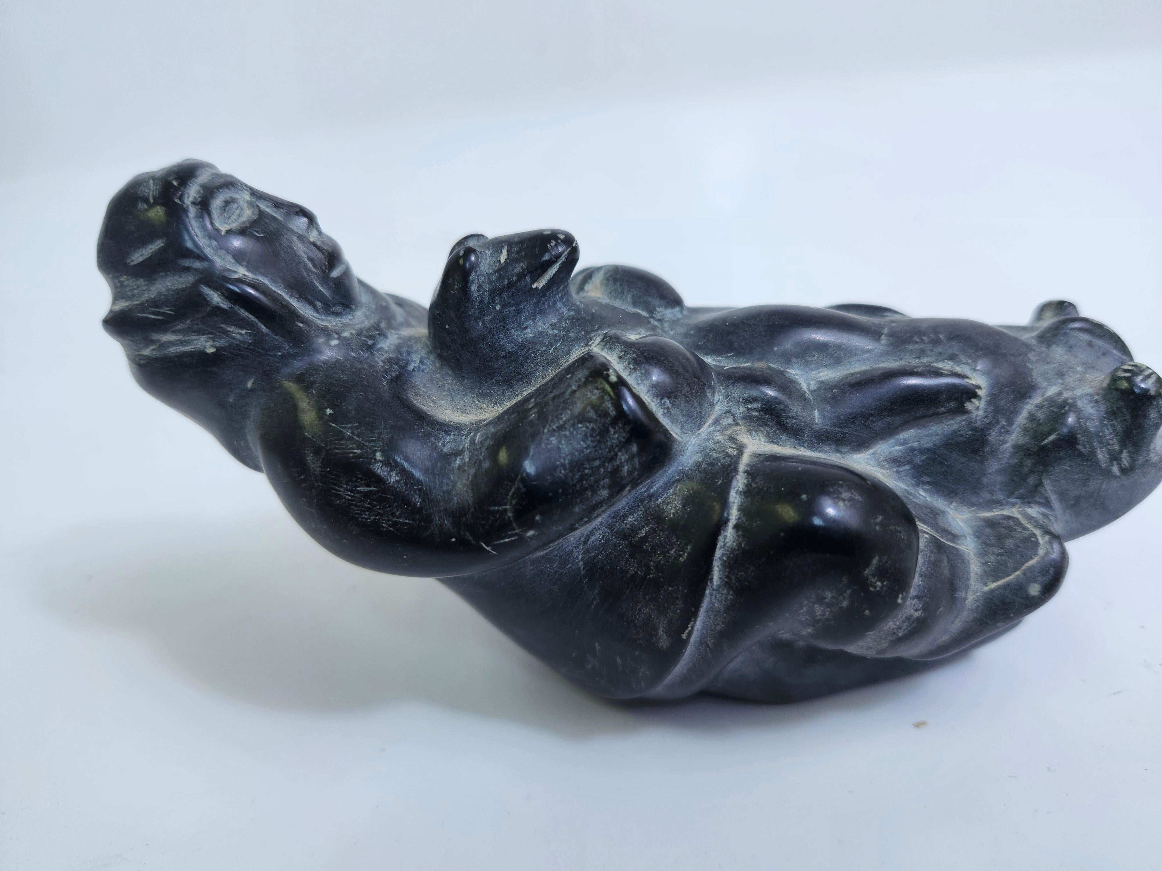 Folk Art Inuit Hand Carving of a Man with a Bear in Soapstone C1975 For Sale 2