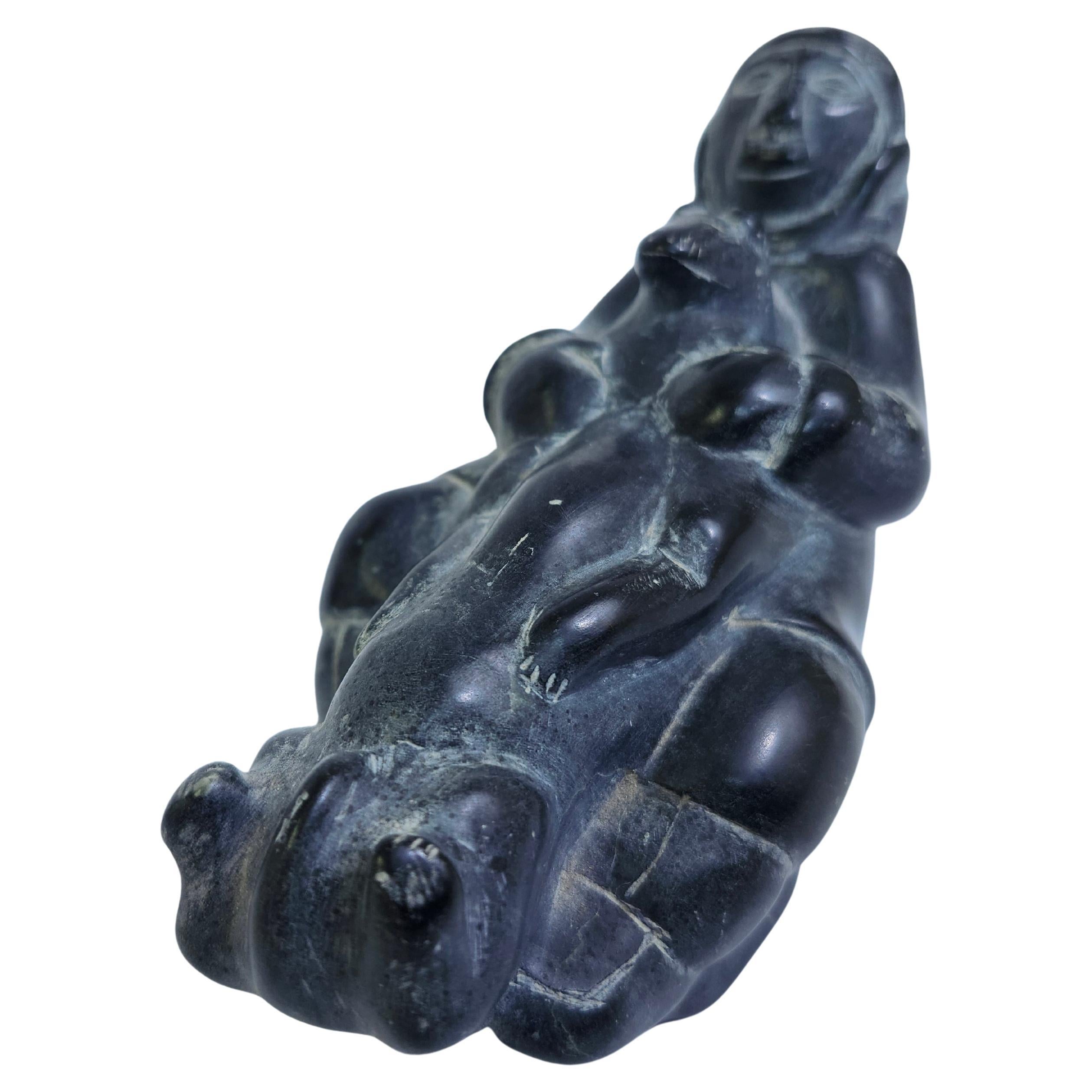 Folk Art Inuit Hand Carving of a Man with a Bear in Soapstone C1975 For Sale