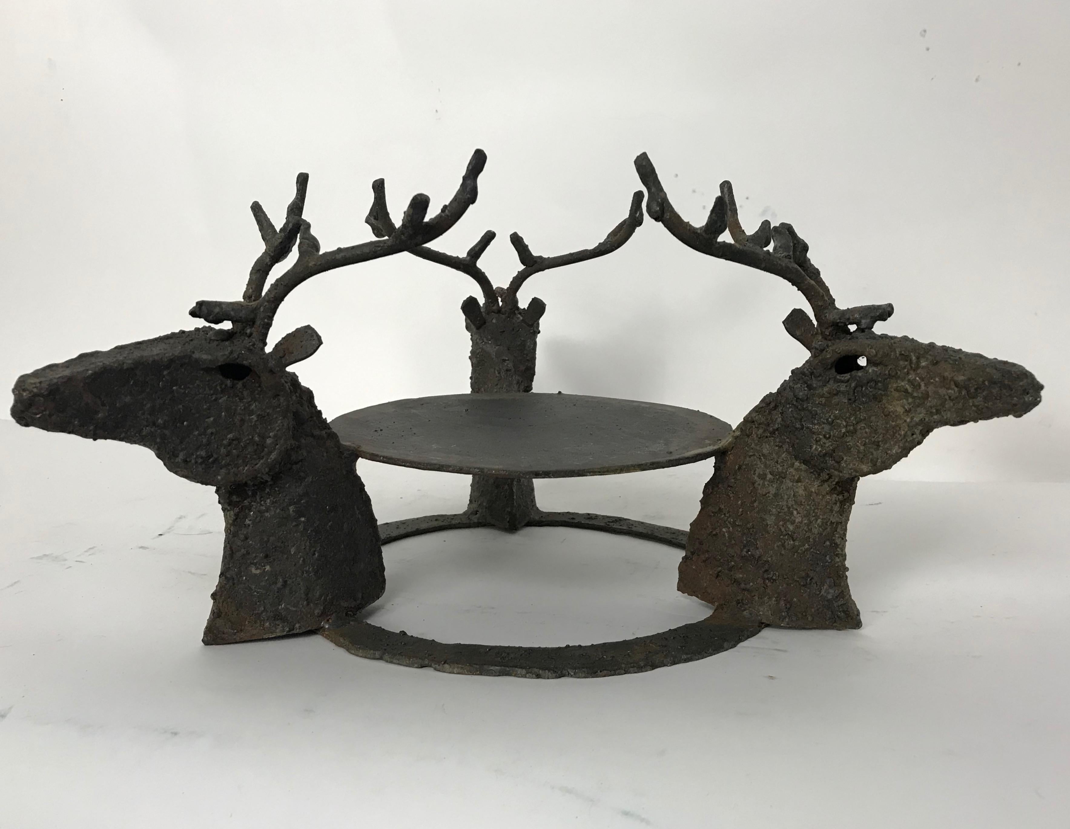 Folk Art cast iron Brutalist stick weld stand with stag heads, circa 1960.