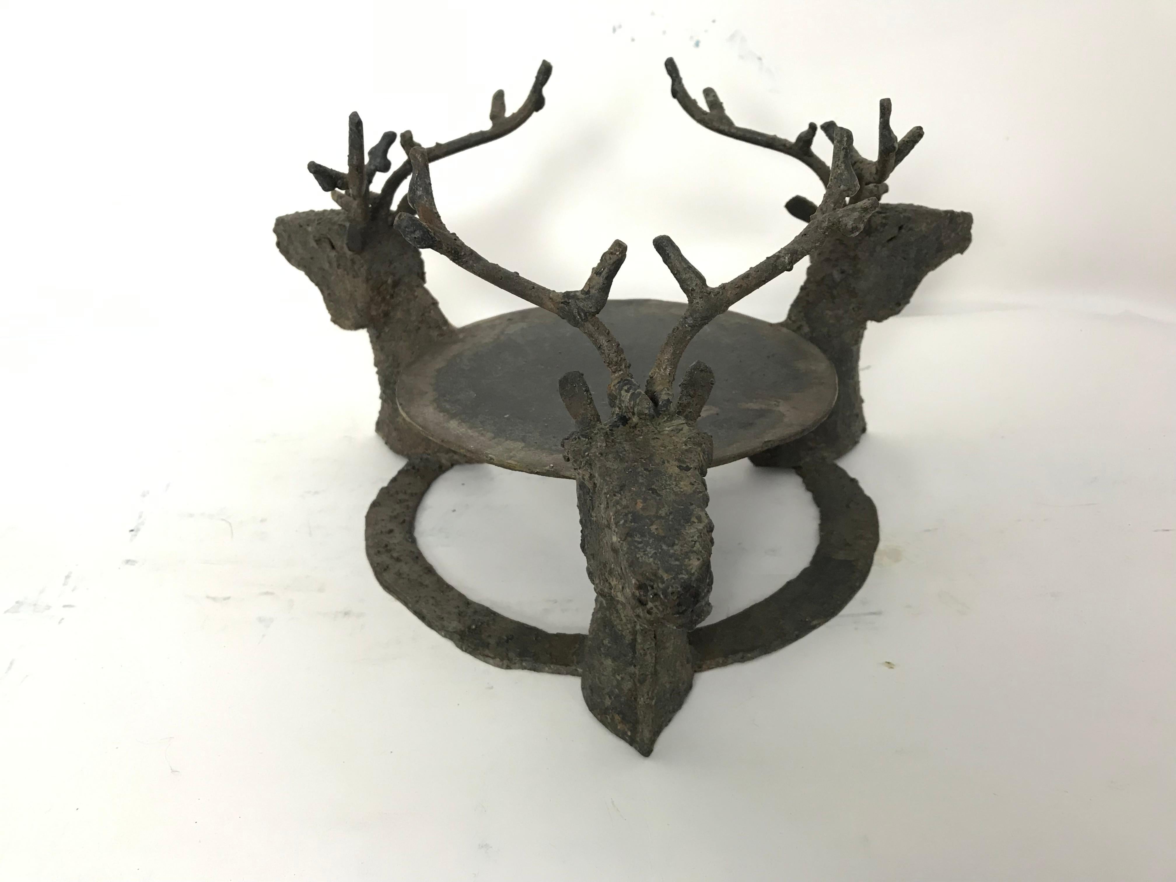 Brutalist Folk Art Iron Stand with Three Deer or Stag Heads