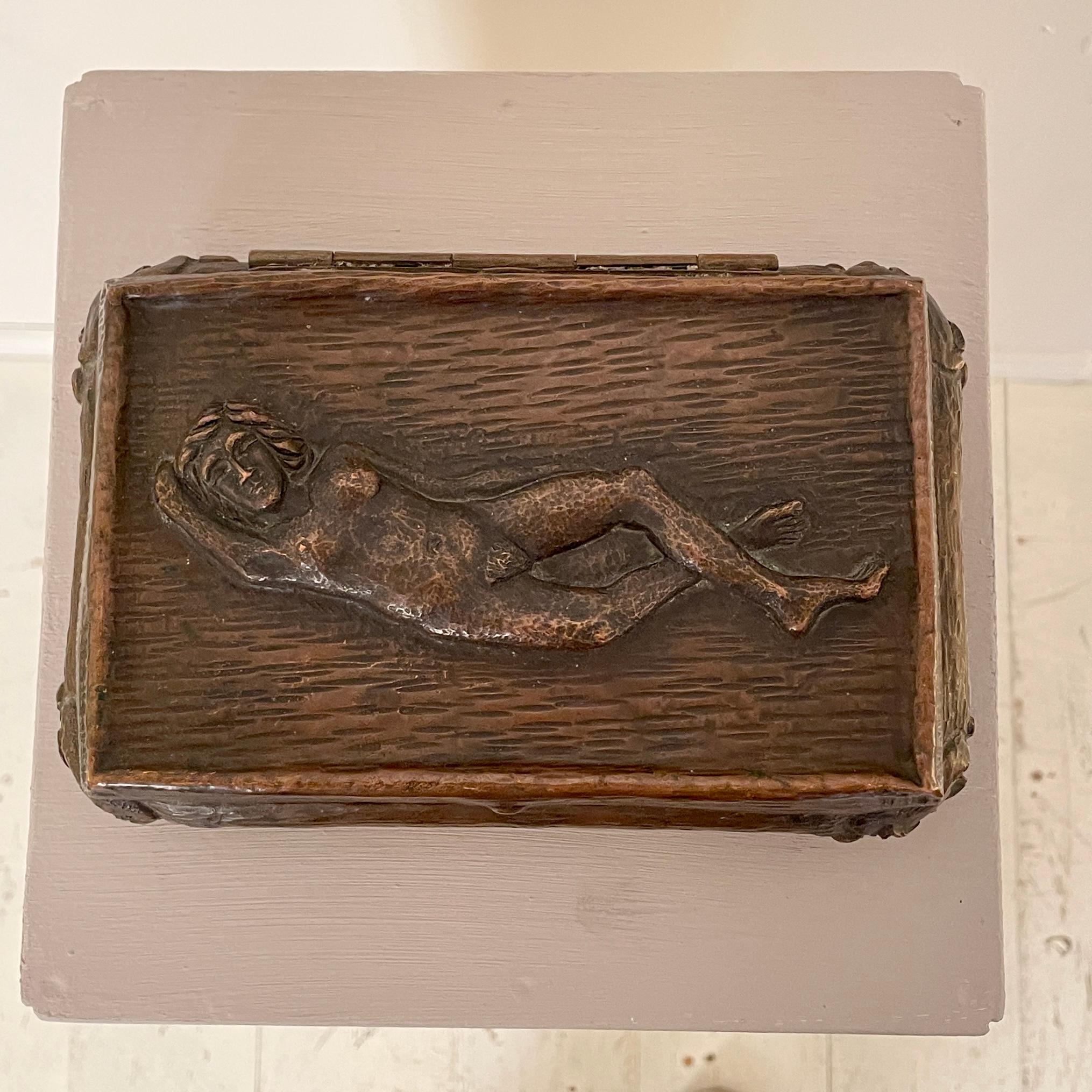 German Folk Art Jewelry Box from the 1940s in Copper with Women Nude For Sale