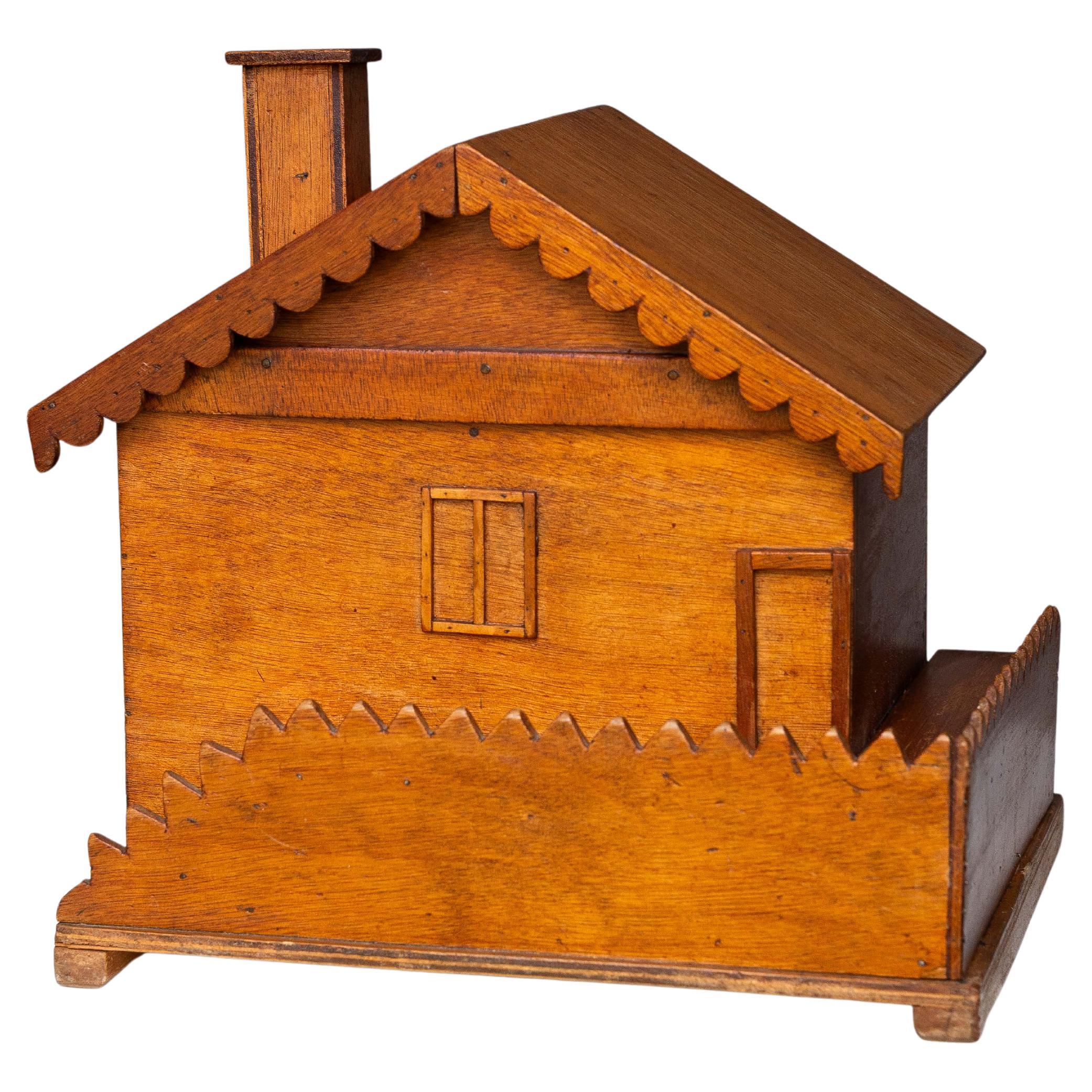 Folk Art Jewelry Box - Boîte à couture, Wooden House Model, Mid-Century France 1950s