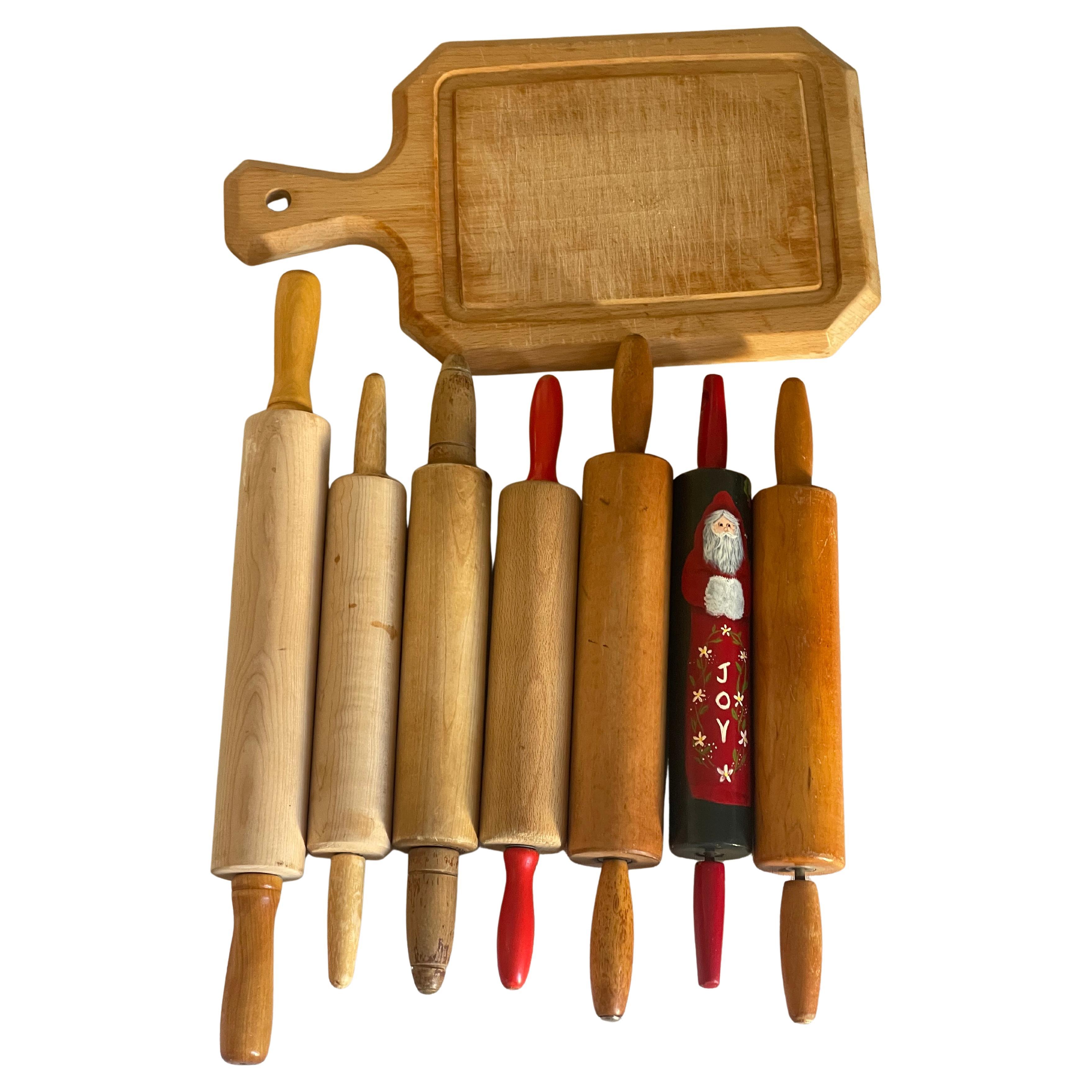 Vintage American Folk Art Kitchenware: Wood Rolling Pins & Board, 1950