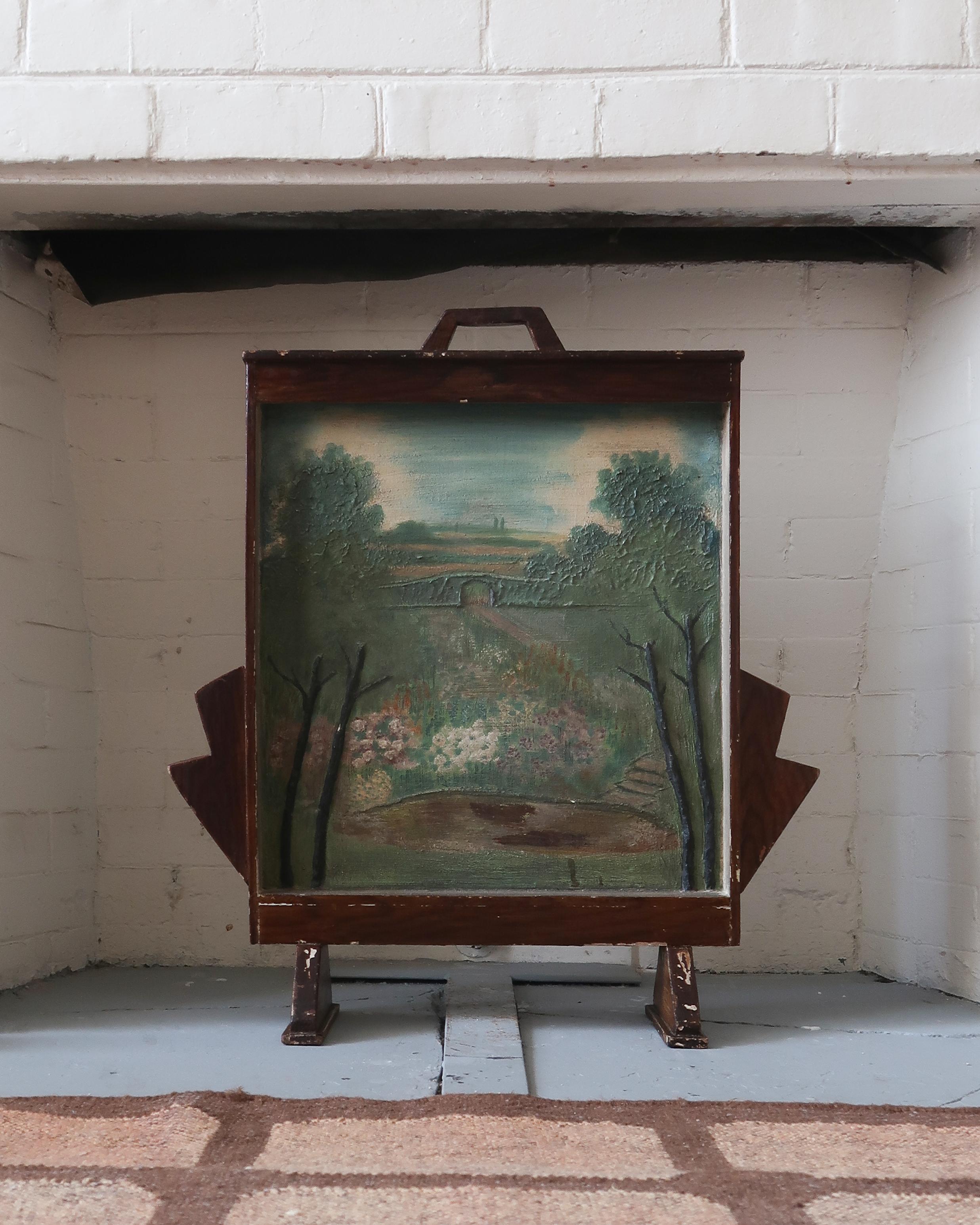 Hand-Painted Folk Art Landscape Fire Screen For Sale