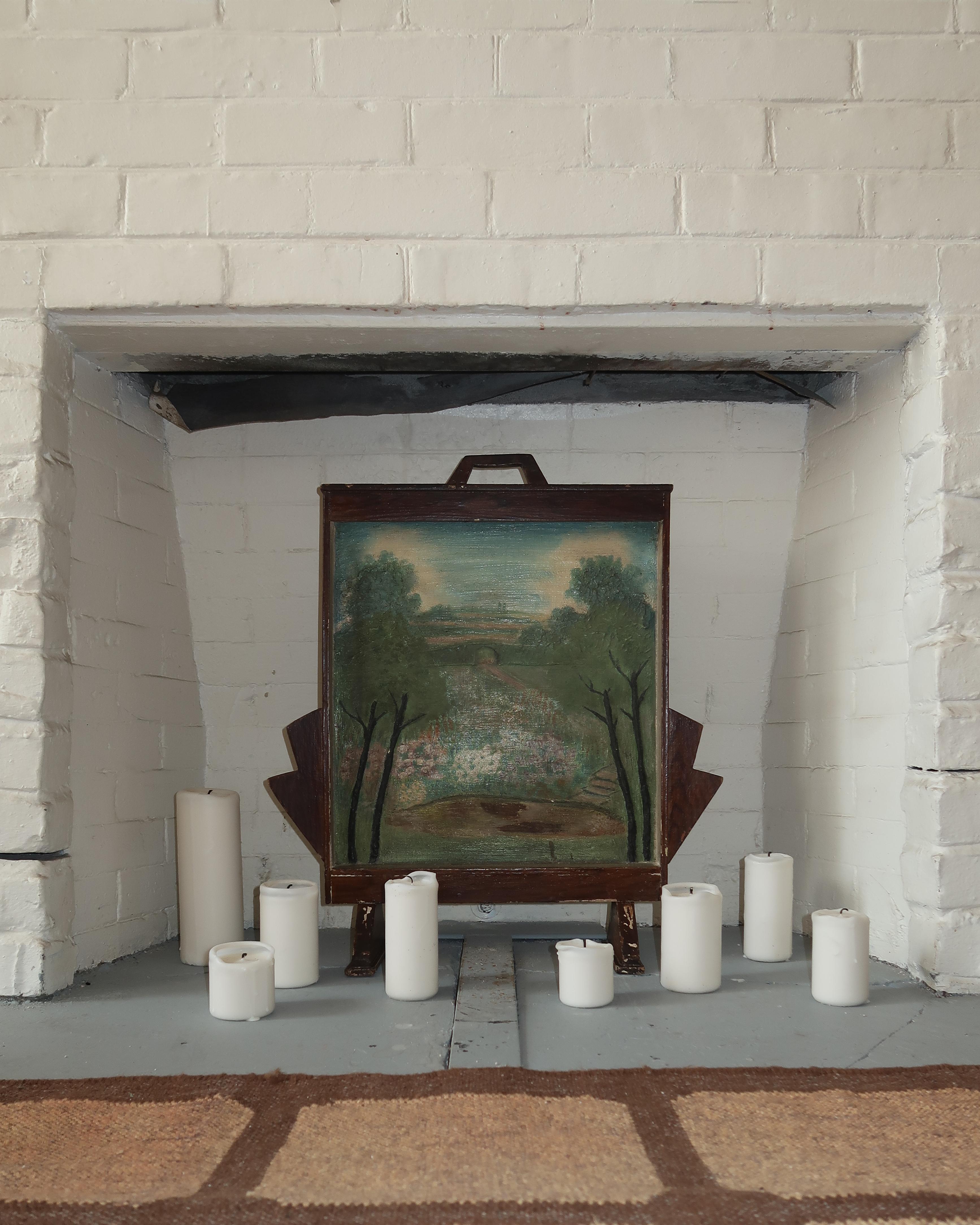 Folk Art Landscape Fire Screen In Good Condition For Sale In Los Angeles, CA