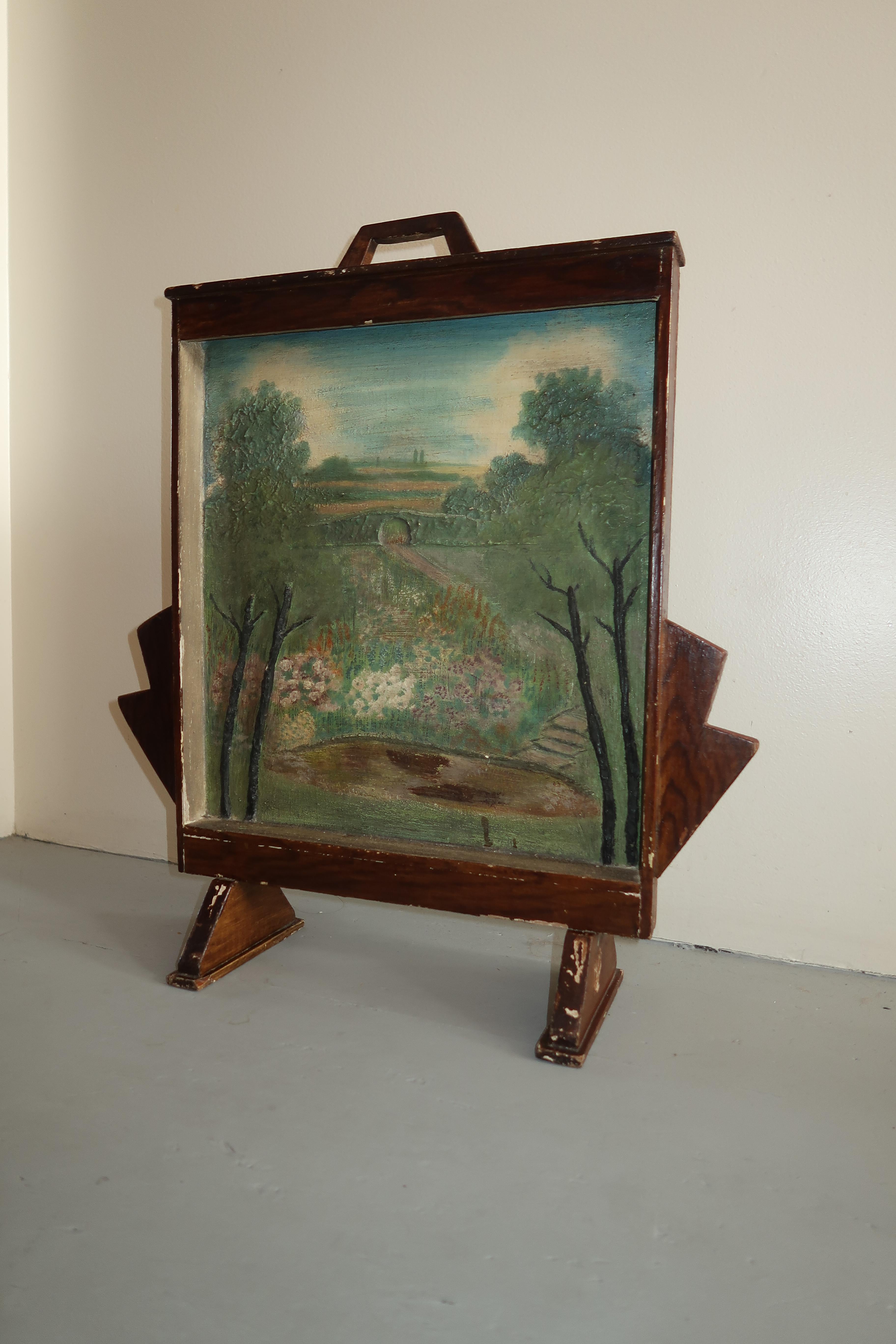 Folk Art Landscape Fire Screen For Sale 1