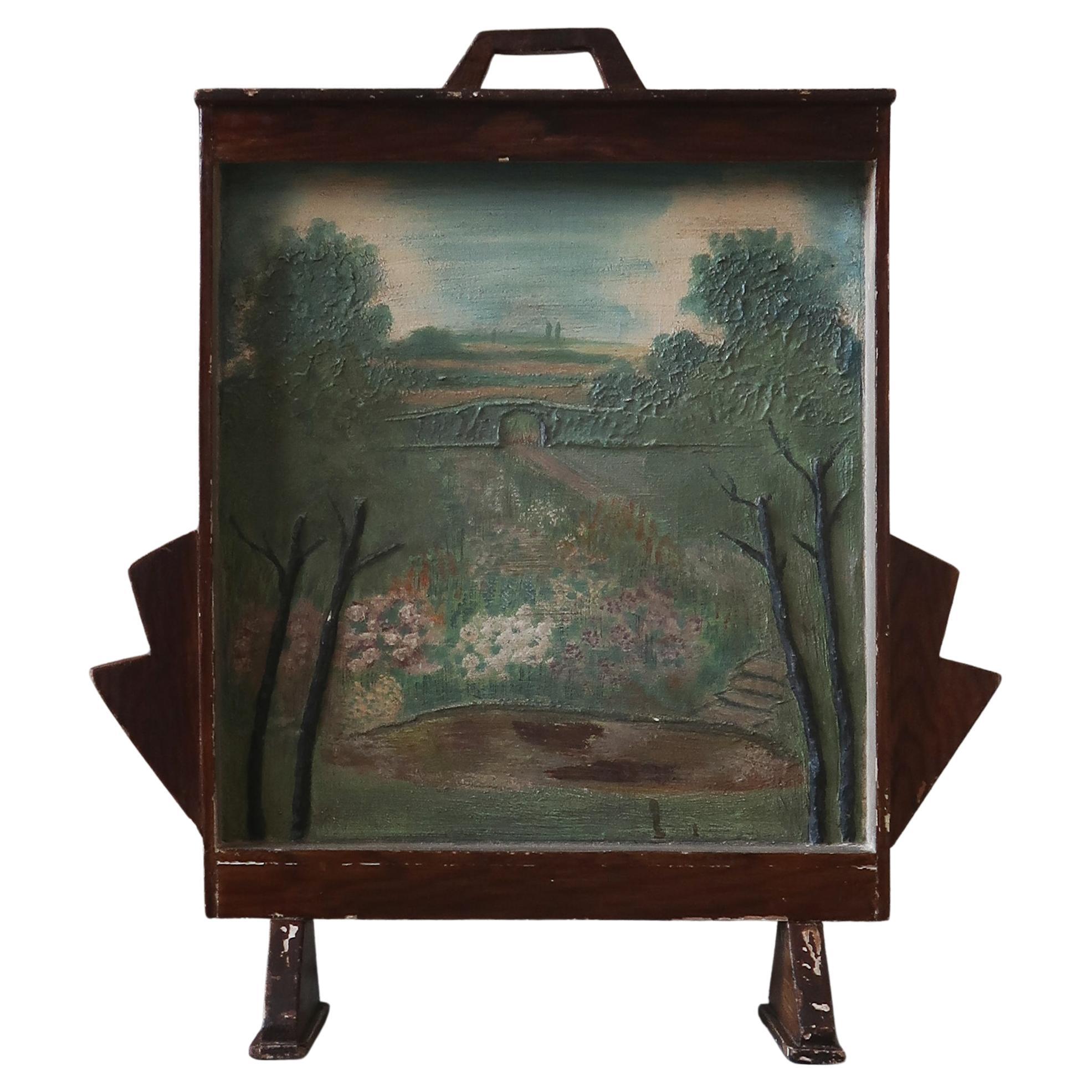 Folk Art Landscape Fire Screen For Sale