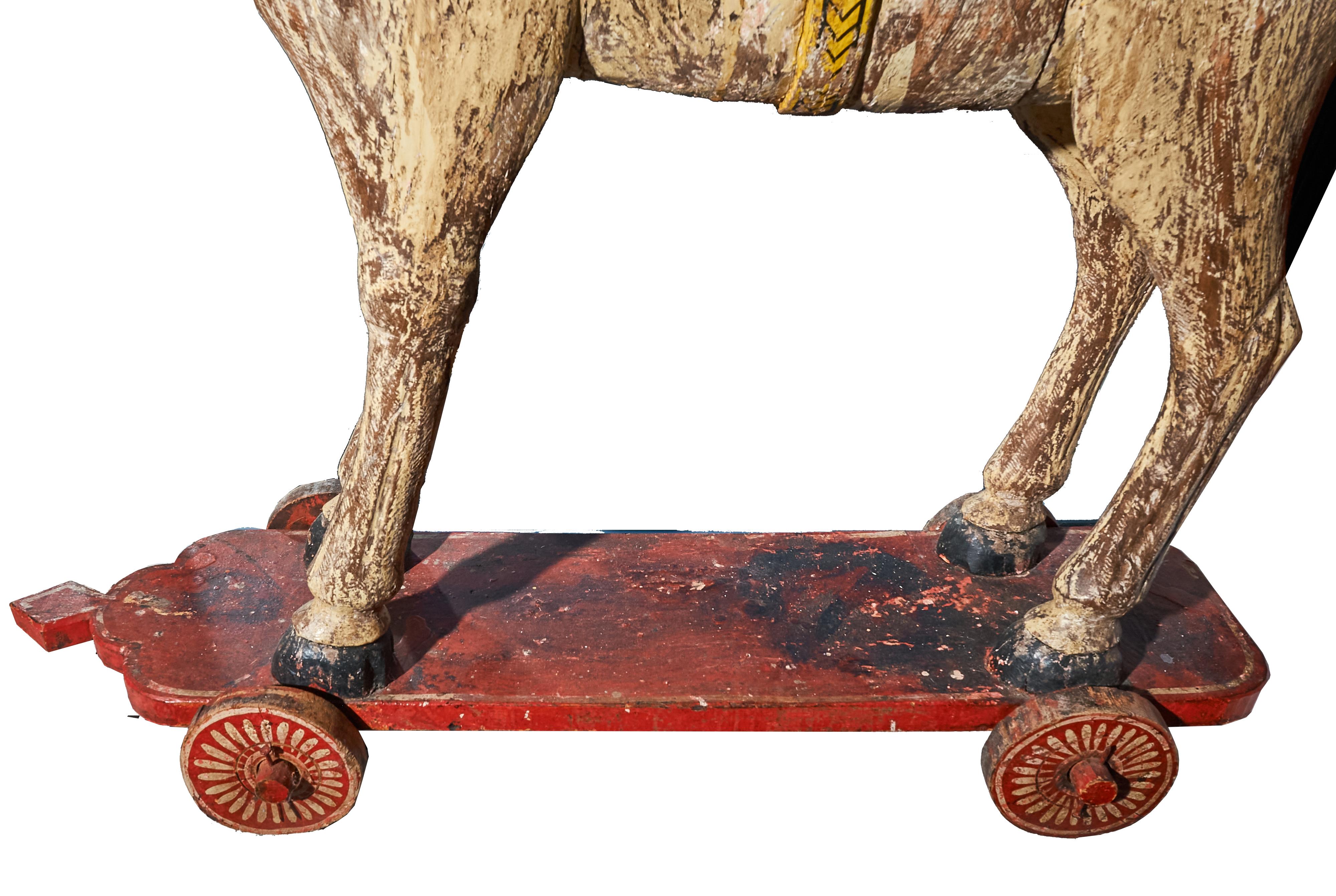 Hand-Carved Folk Art Large Painted Horse on Wheels