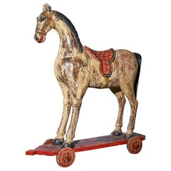 Retro Folk Art Large Painted Horse on Wheels