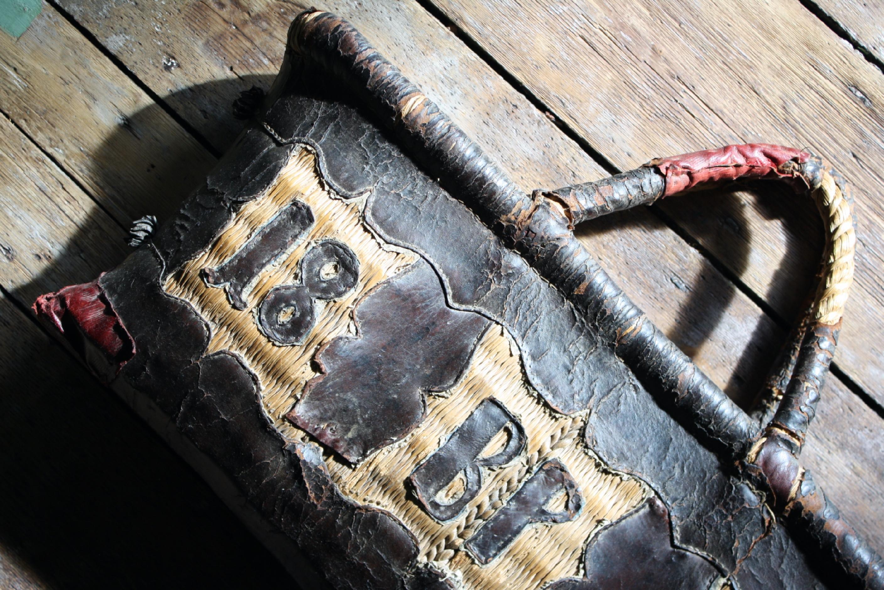 Folk Art Leather and Woven Rush Butchers Bag Initials BP Dated 1832 For Sale 10