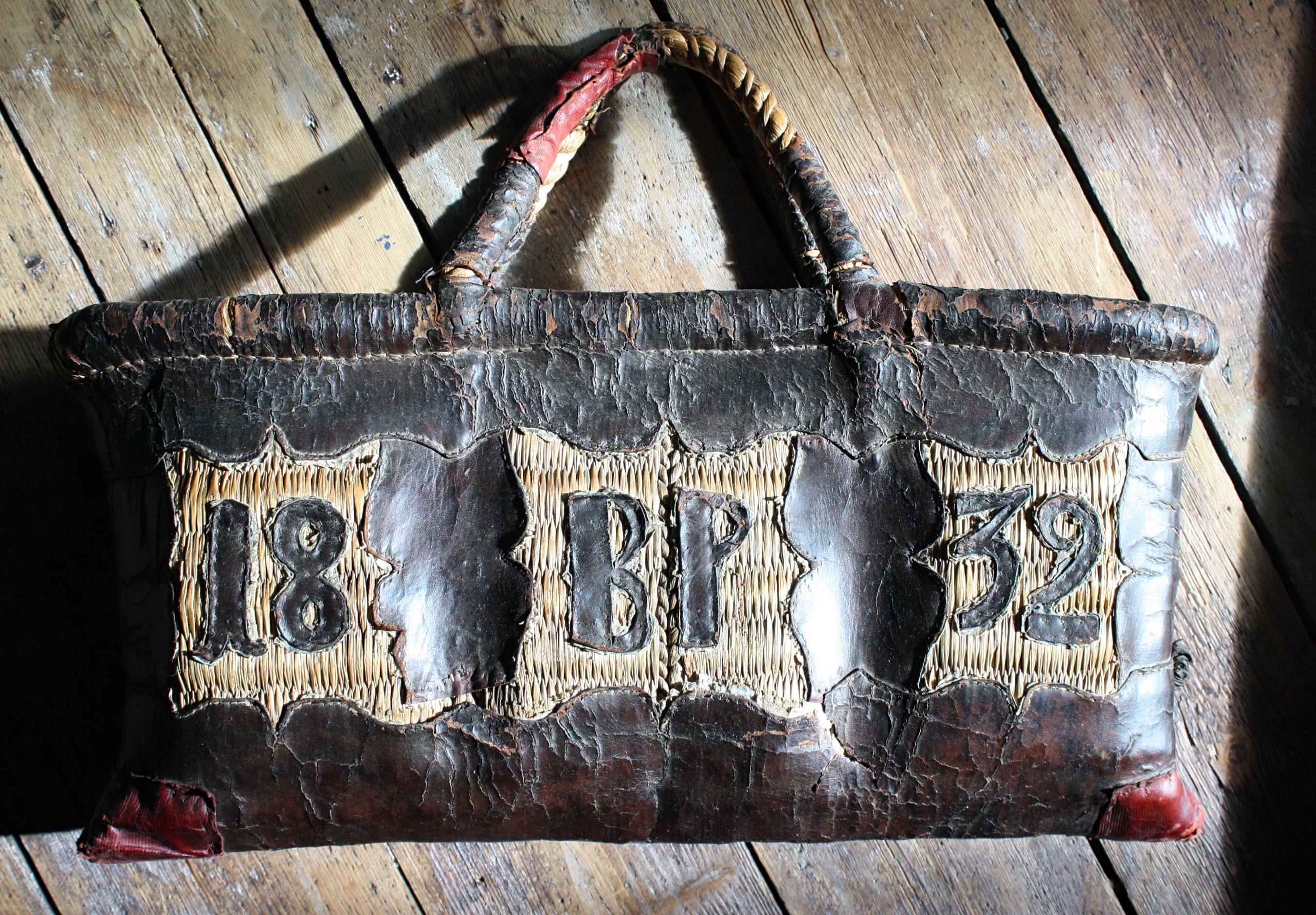 Folk Art Leather and Woven Rush Butchers Bag Initials BP Dated 1832 For Sale 11