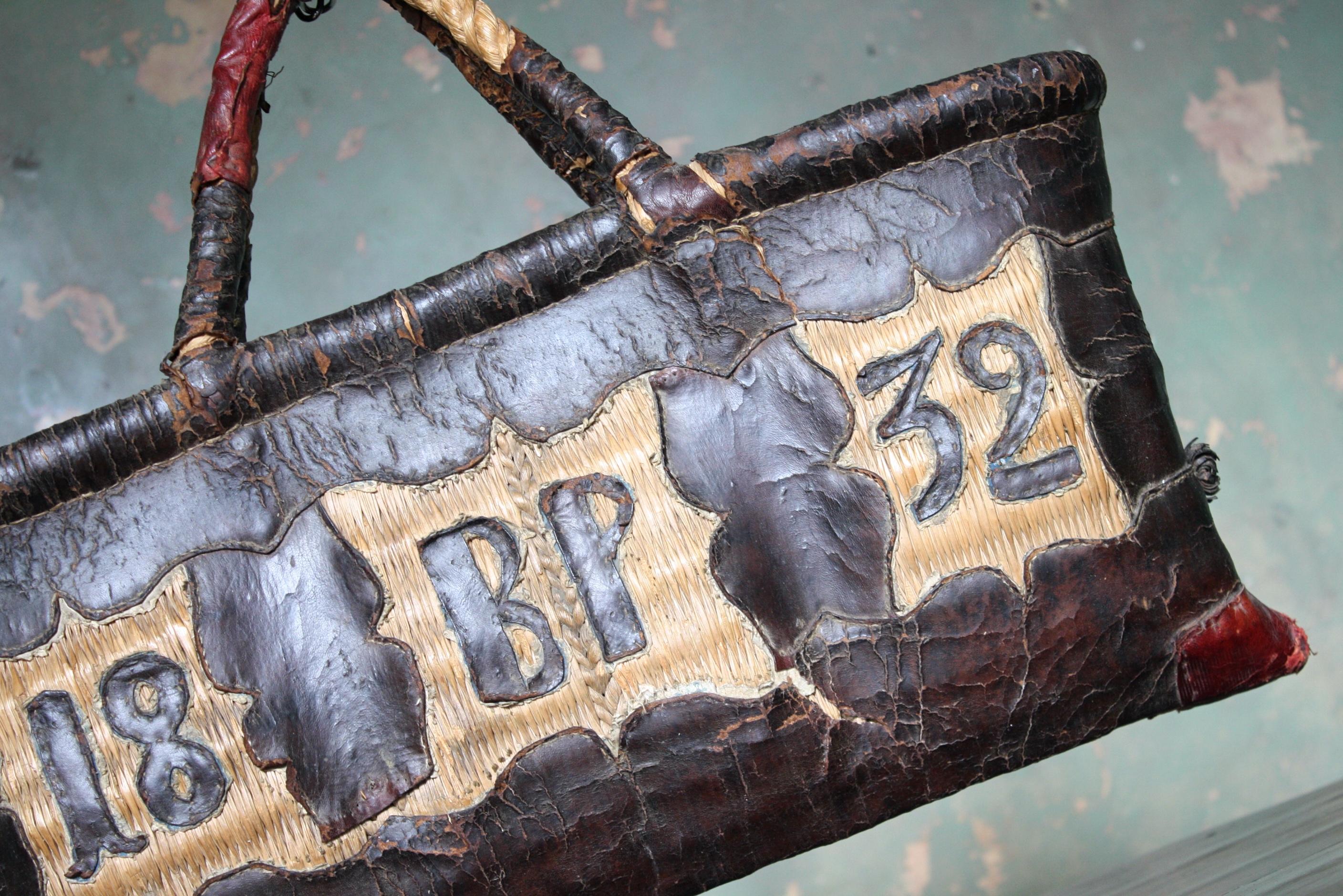 European Folk Art Leather and Woven Rush Butchers Bag Initials BP Dated 1832 For Sale