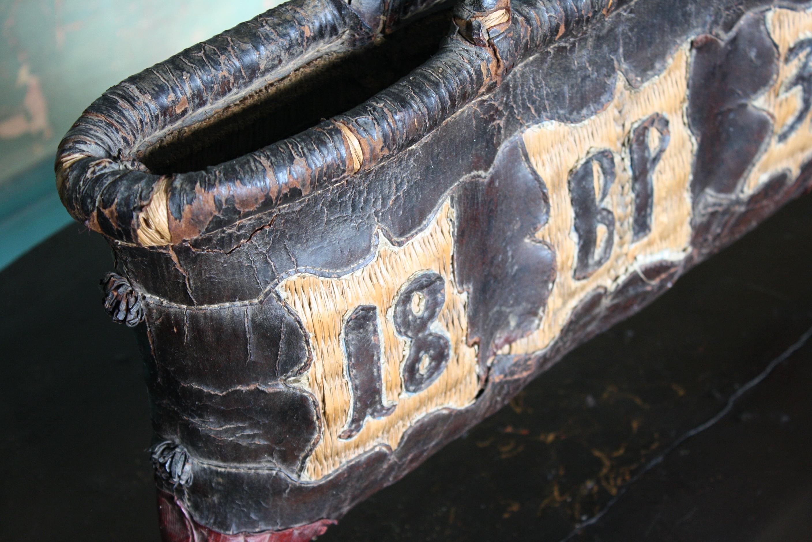 Mid-19th Century Folk Art Leather and Woven Rush Butchers Bag Initials BP Dated 1832 For Sale