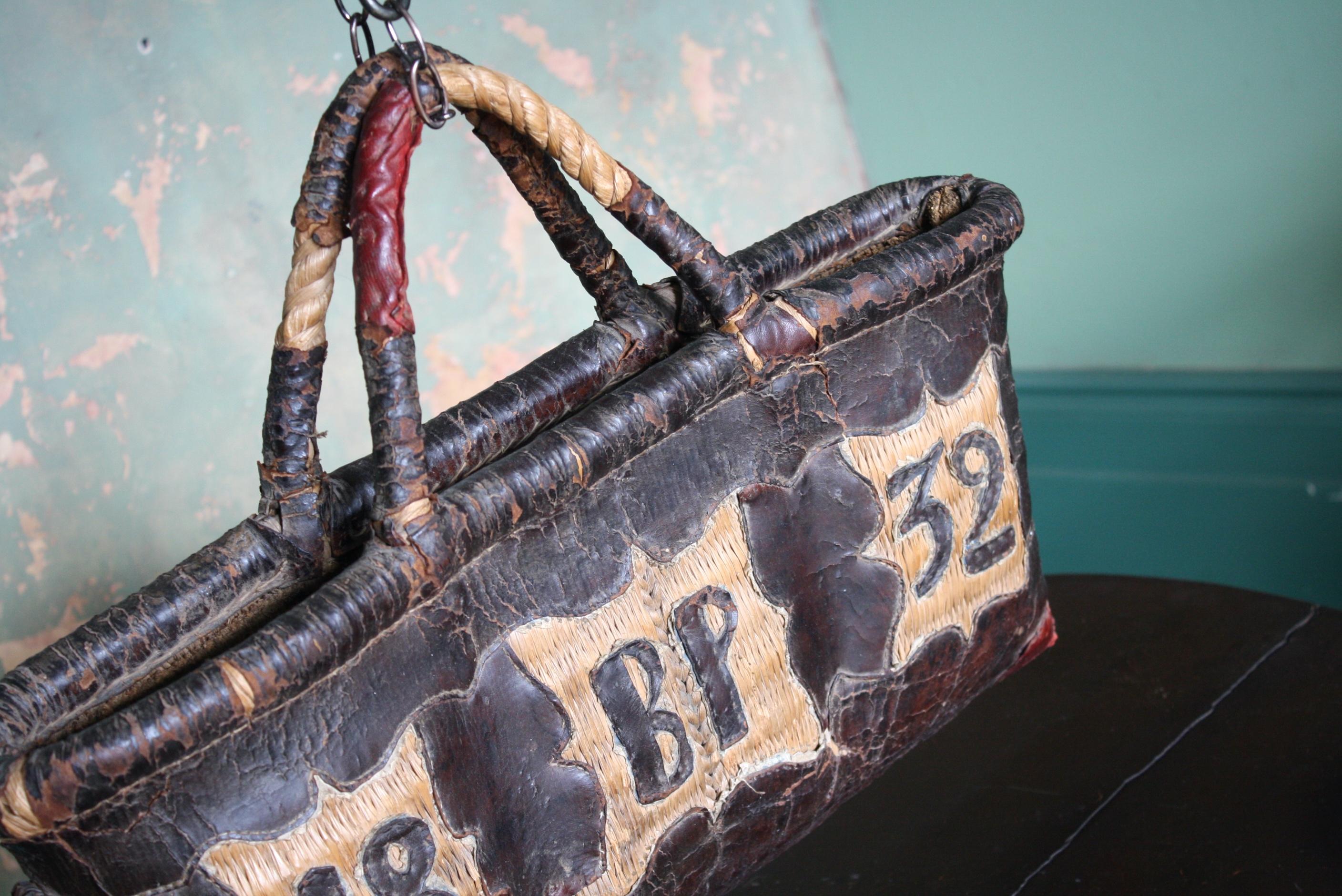 Folk Art Leather and Woven Rush Butchers Bag Initials BP Dated 1832 For Sale 1