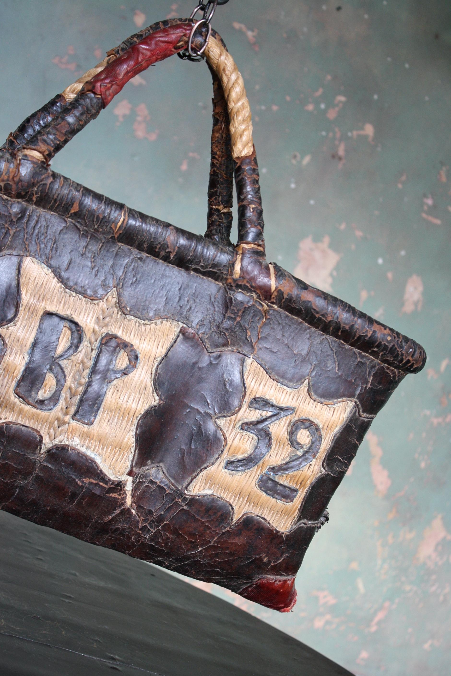 Folk Art Leather and Woven Rush Butchers Bag Initials BP Dated 1832 For Sale 2