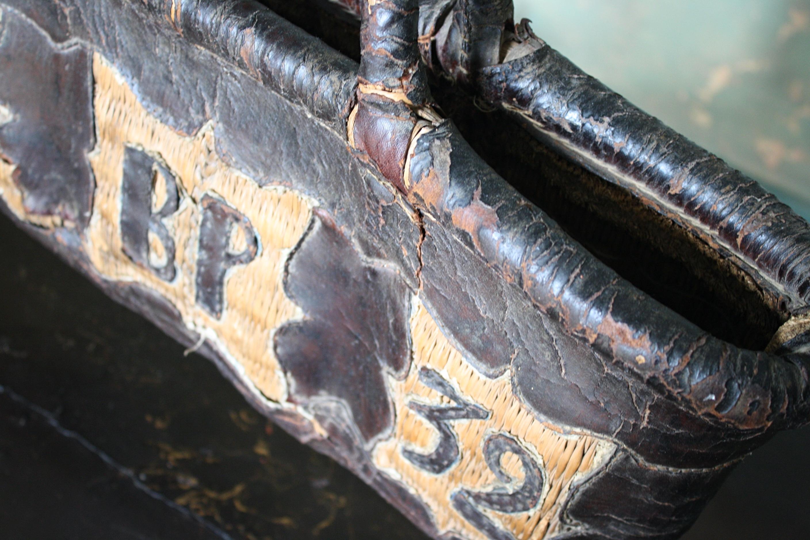 Folk Art Leather and Woven Rush Butchers Bag Initials BP Dated 1832 For Sale 3