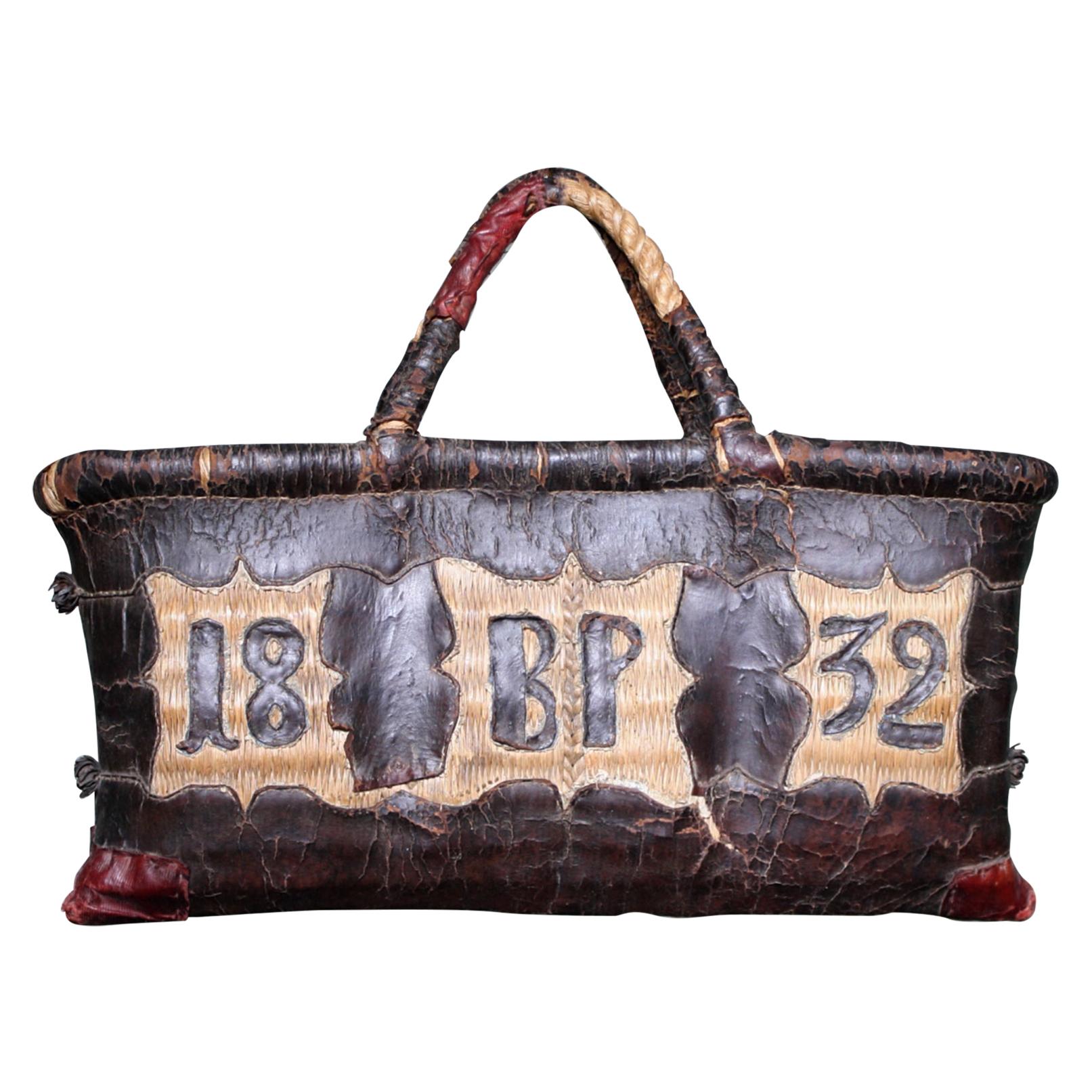 Folk Art Leather and Woven Rush Butchers Bag Initials BP Dated 1832