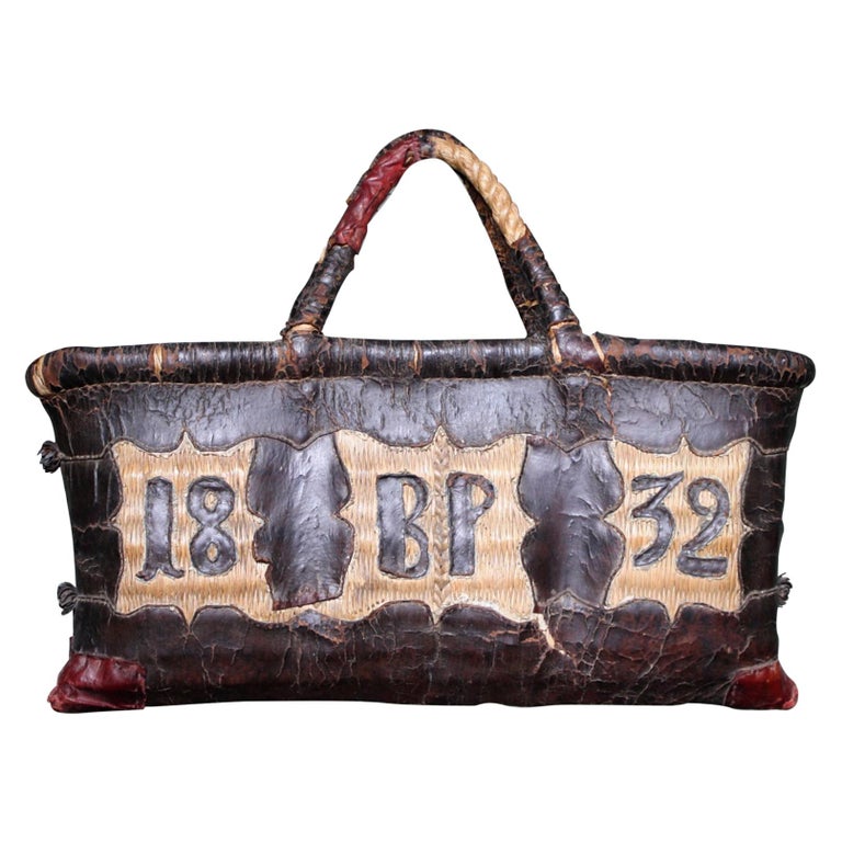 Folk Art Leder und gewebt Rush Metzger Tasche Initialen BP datiert