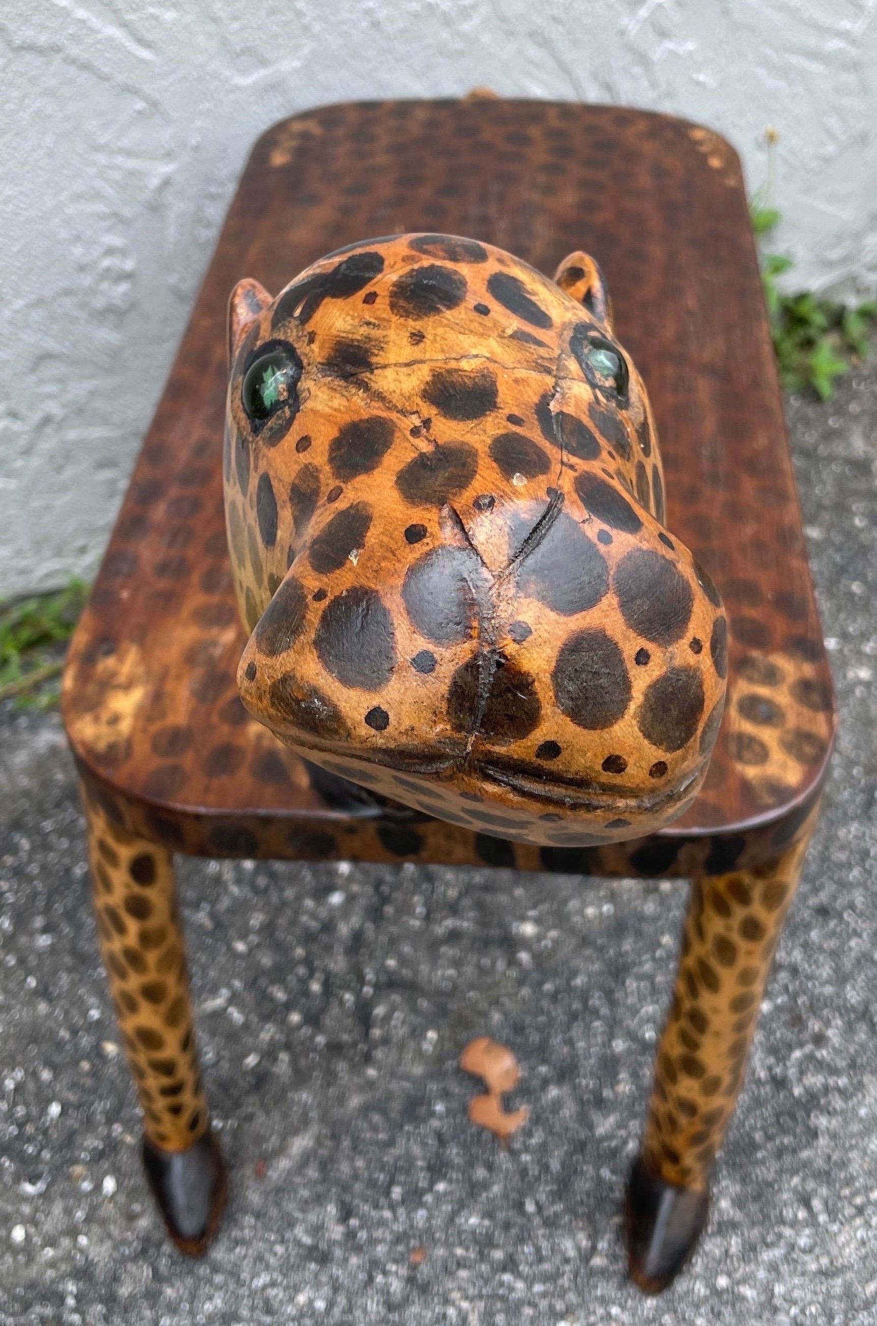 Wood Folk Art Leopard Bench For Sale