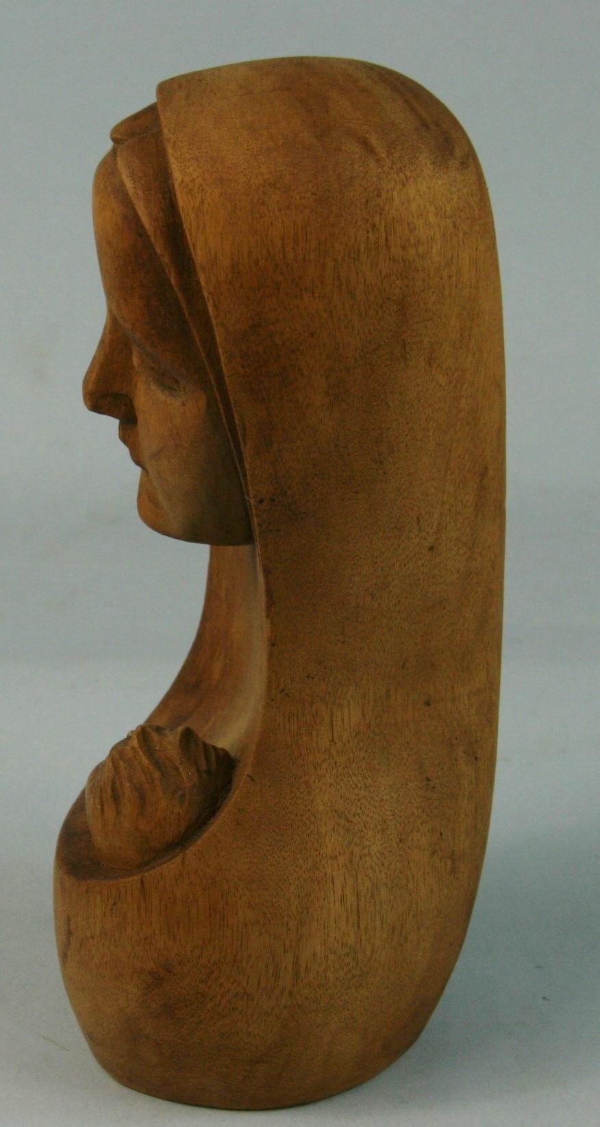 Hardwood Folk Art Madonna and Child Carved Wood Sculpture, 1940's