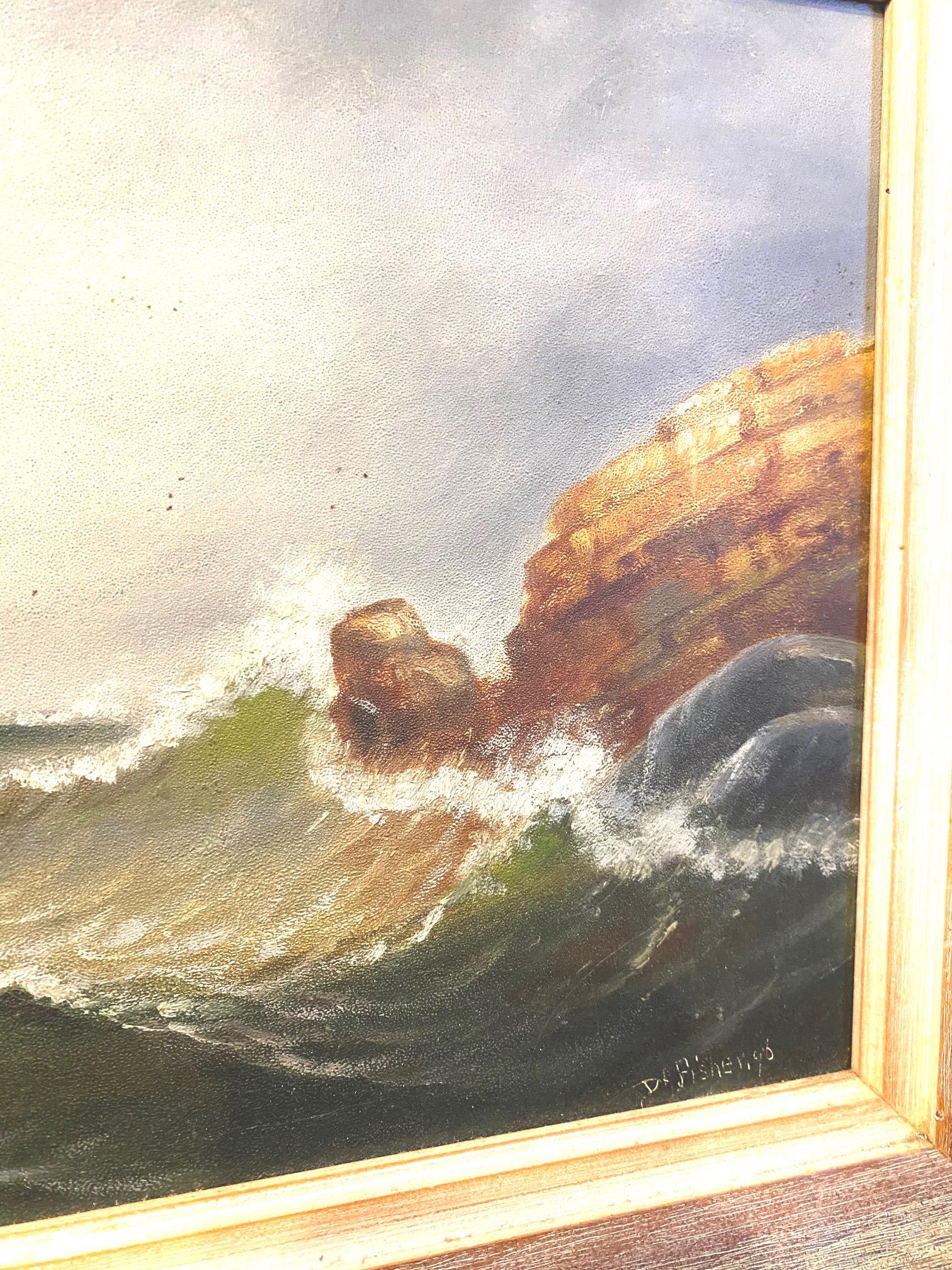 American Folk Art Maine Rocky Coast Seascape, by D. A. Fisher, circa 1900 For Sale