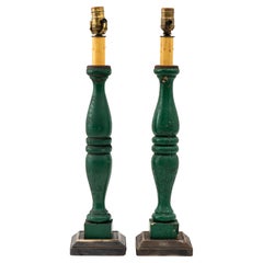 Folk Art Manner Pair of Lamps Comprised of Antique Turned Wooden Table Legs