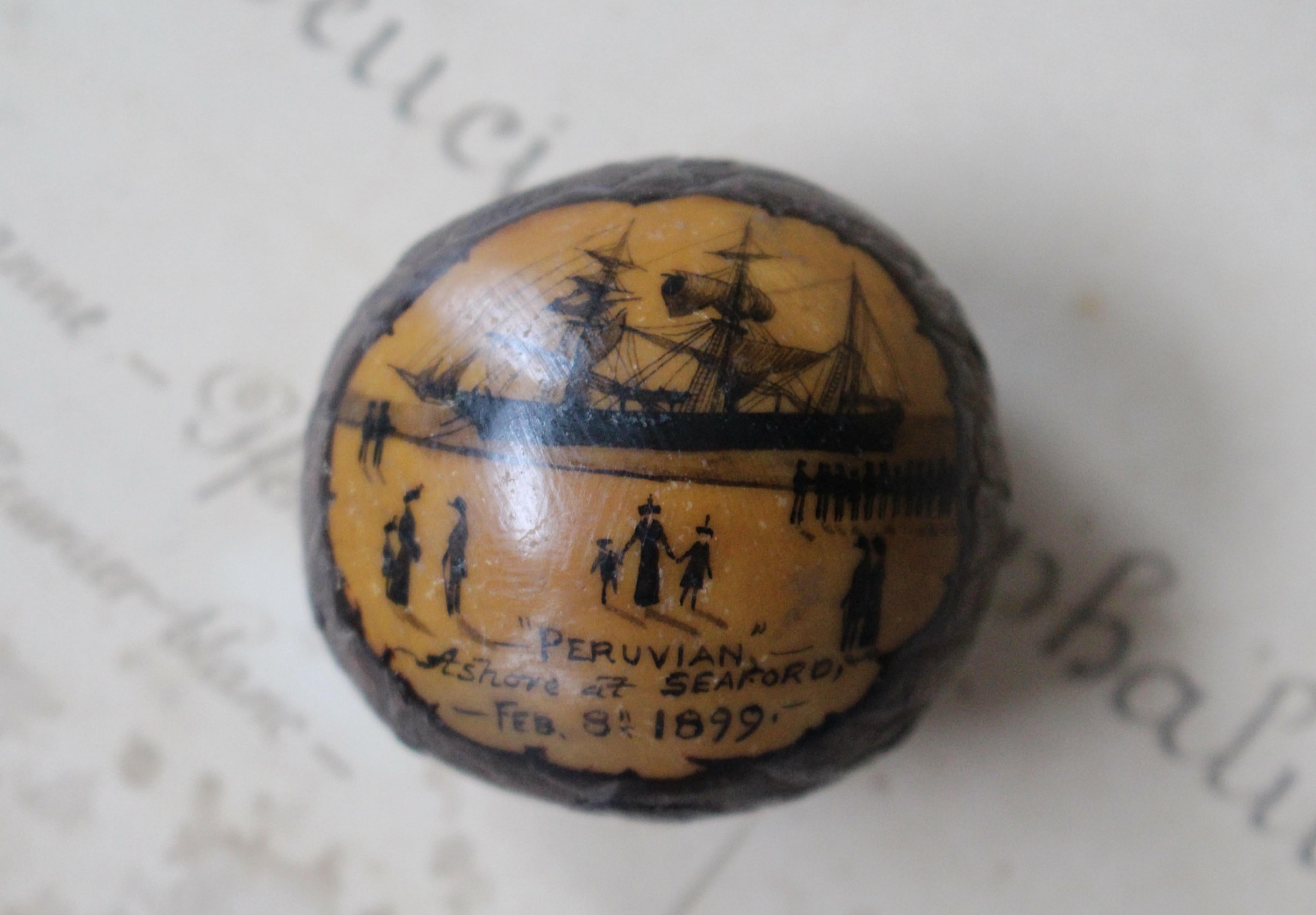 Folk Art Maritime Scrimshaw Shipwreck Tagua Nut 