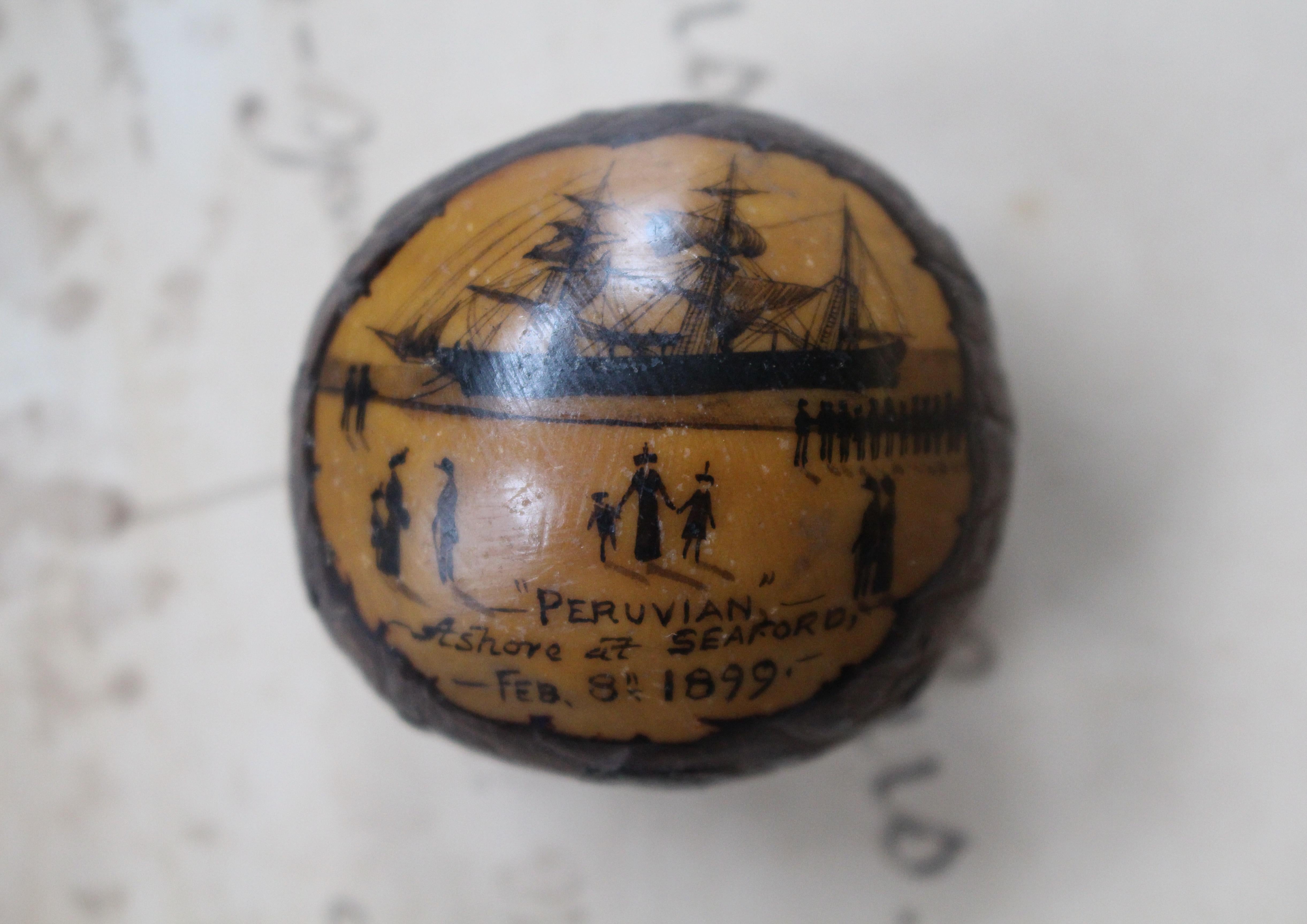 English Folk Art Maritime Scrimshaw Shipwreck Tagua Nut 