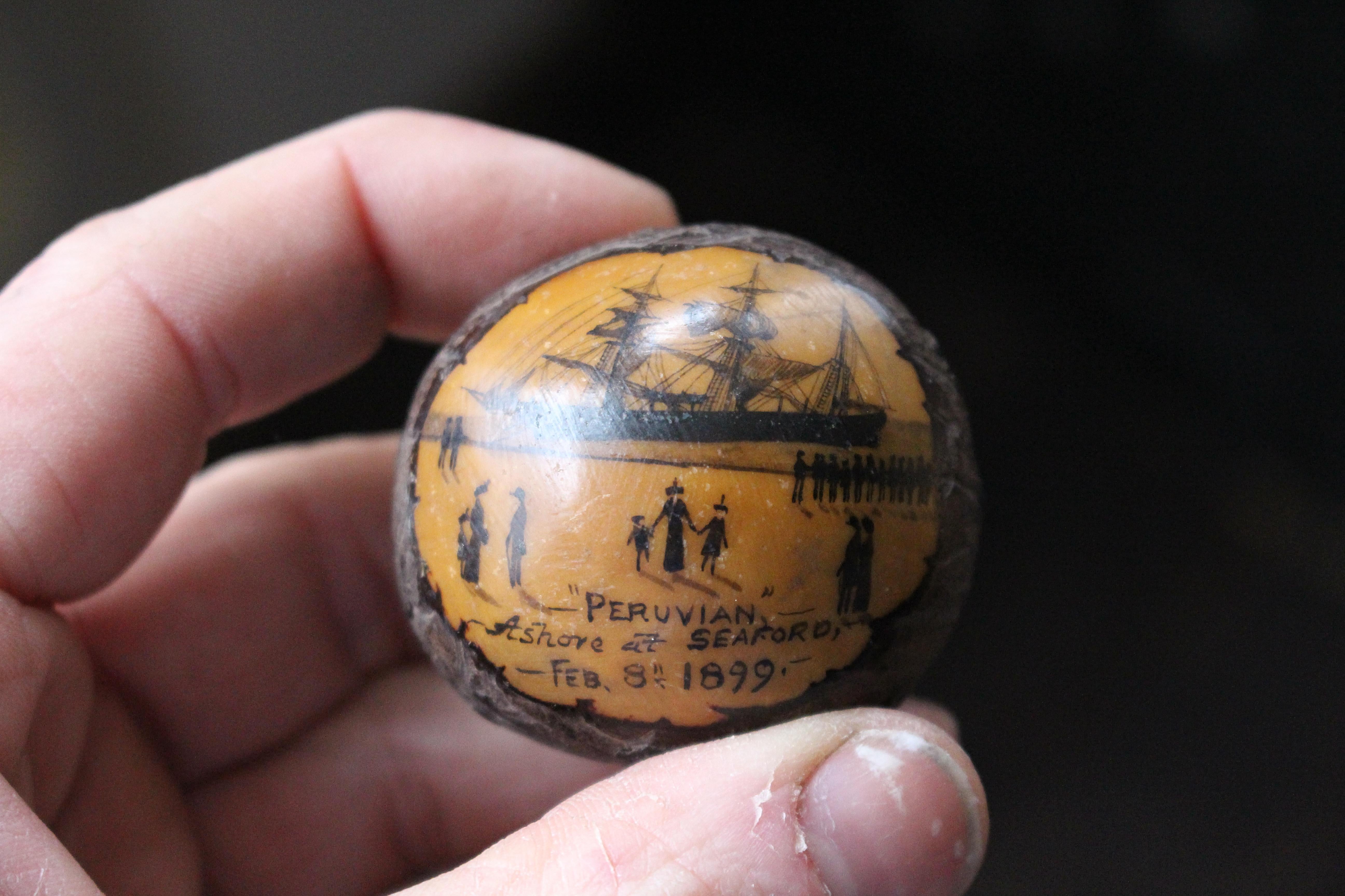 Folk Art Maritime Scrimshaw Shipwreck Tagua Nut 