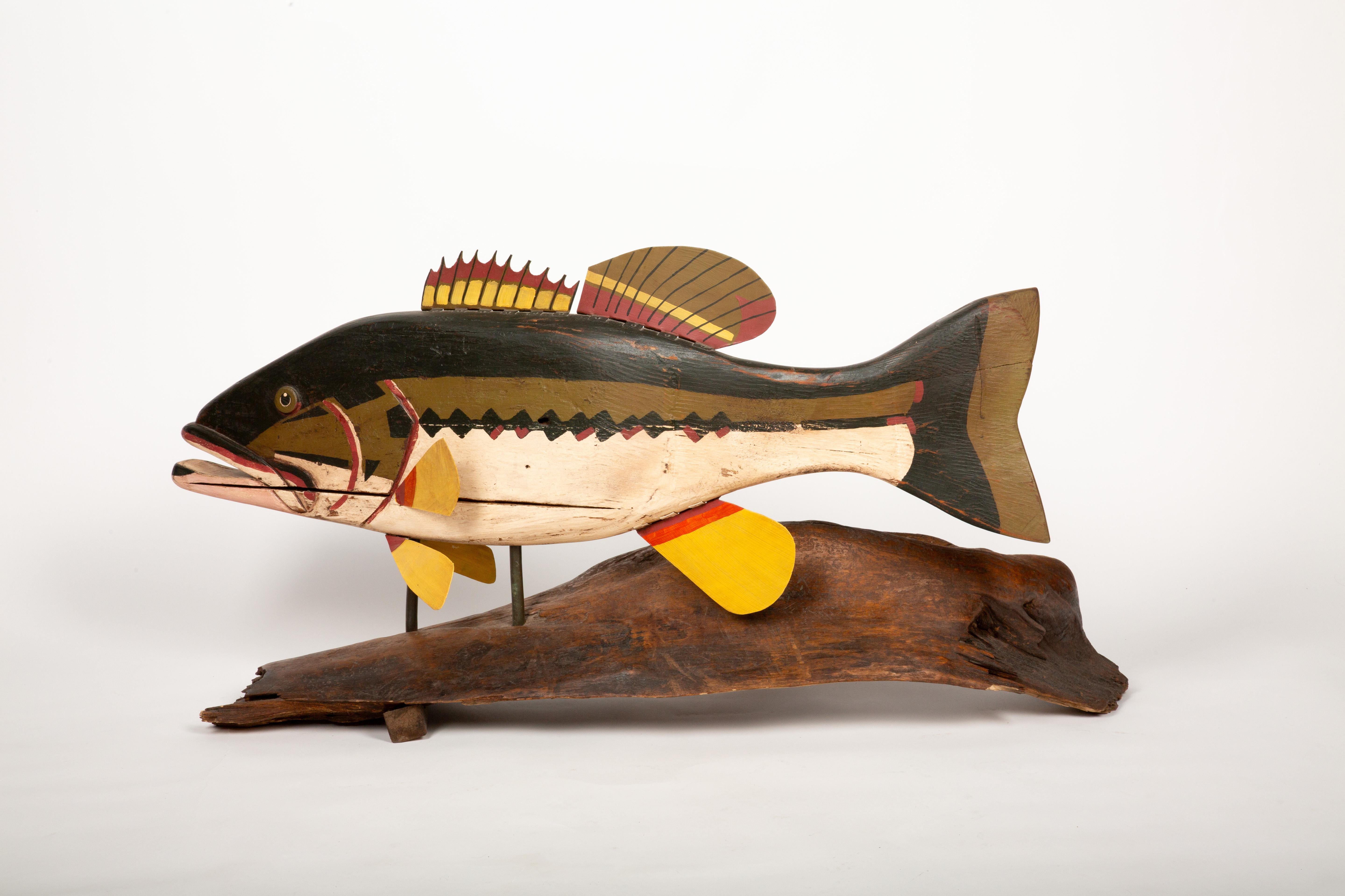 This beautifully hand-carved and painted folk art fish sculpture by Jeff Raymond (1949–2022, Poughkeepsie & Red Hook, NY) captures the essence of his lifelong passion for wildlife and traditional craftsmanship. Depicting a bass mounted on a natural