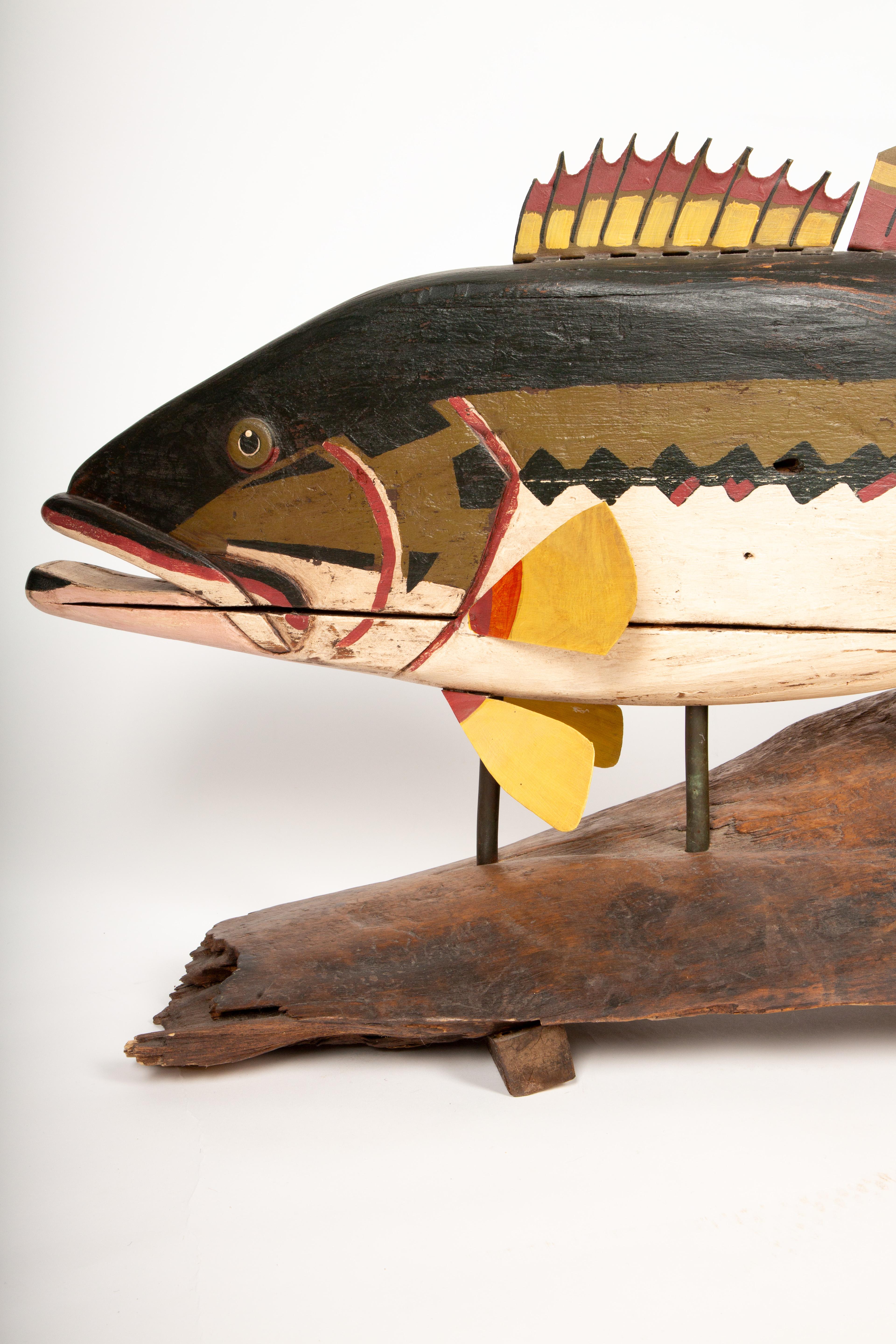 American Folk Art Mastery: Jeff Raymond’s Hand-Carved Bass on Driftwood Stand 38