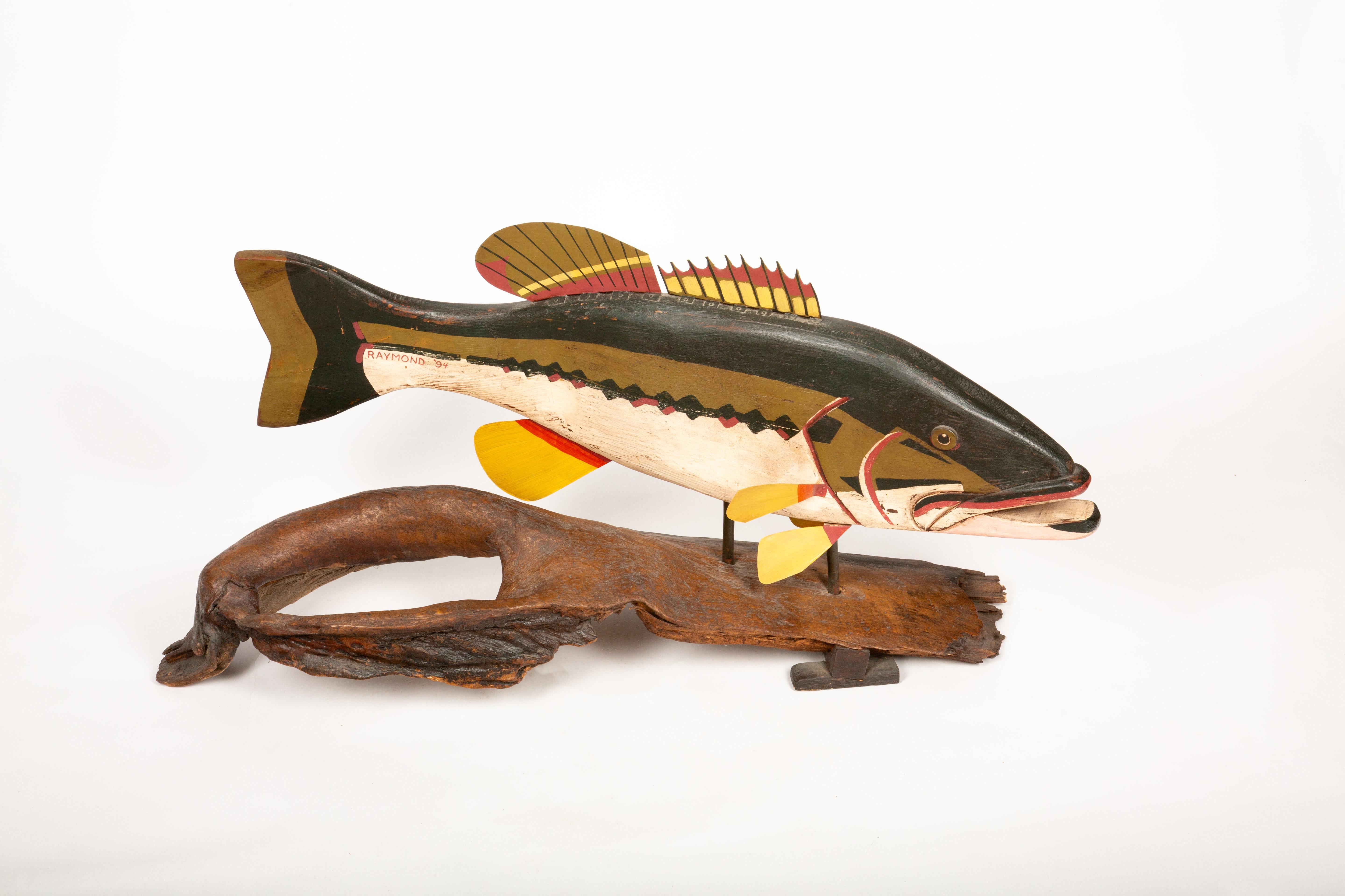 Wood Folk Art Mastery: Jeff Raymond’s Hand-Carved Bass on Driftwood Stand 38