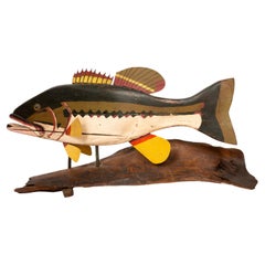 Folk Art Mastery: Jeff Raymond’s Hand-Carved Bass on Driftwood Stand 38" Long