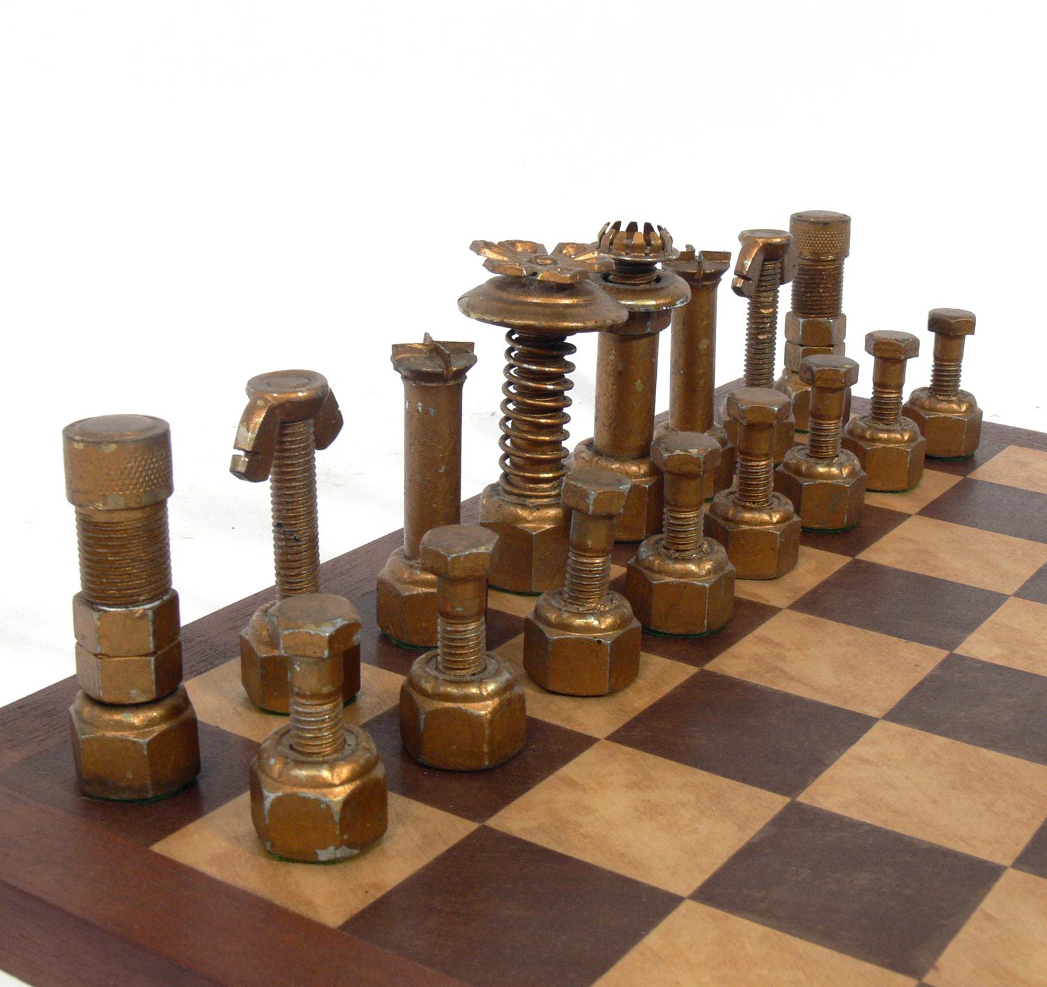 Folk Art Mechanic's Chess Set In Distressed Condition In Atlanta, GA