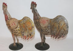 Folk Art Mexican Original Painted Tin Full Body Roosters, Pair