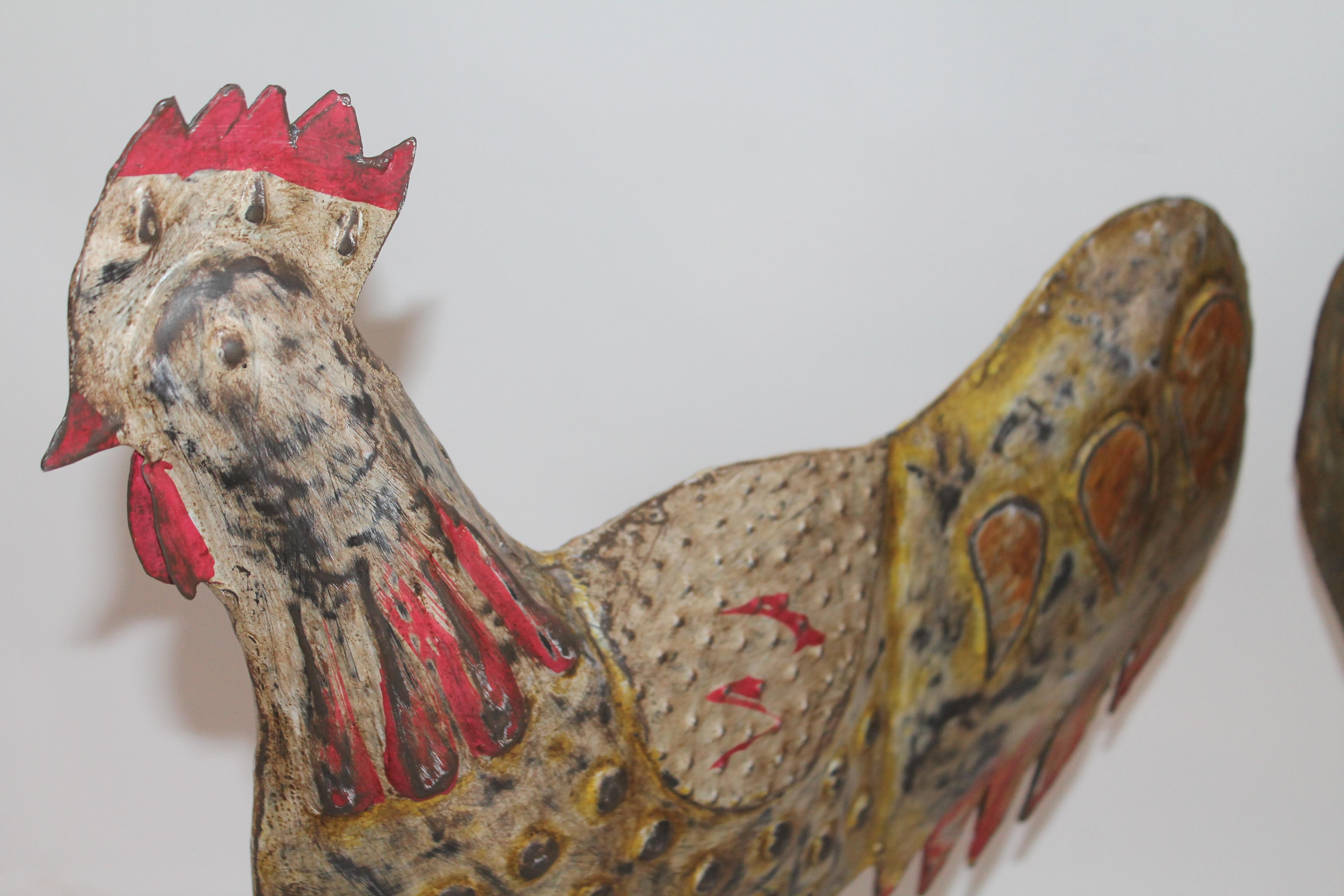 Adirondack Folk Art Mexican Original Painted Tin Full Body Roosters, Pair