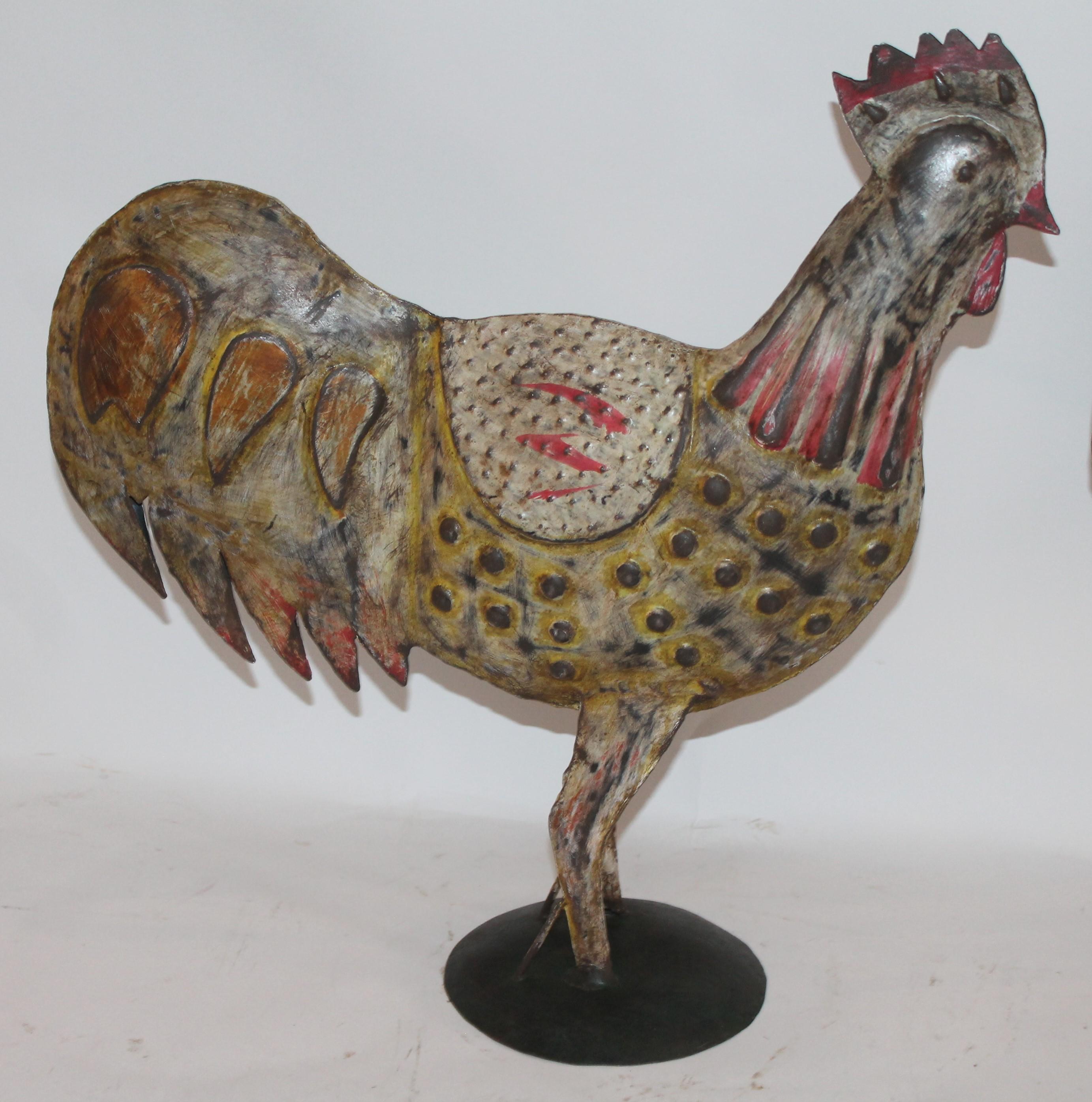 American Folk Art Mexican Original Painted Tin Full Body Roosters, Pair