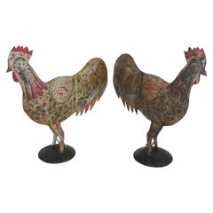 Vintage Folk Art Mexican Original Painted Tin Full Body Roosters, Pair
