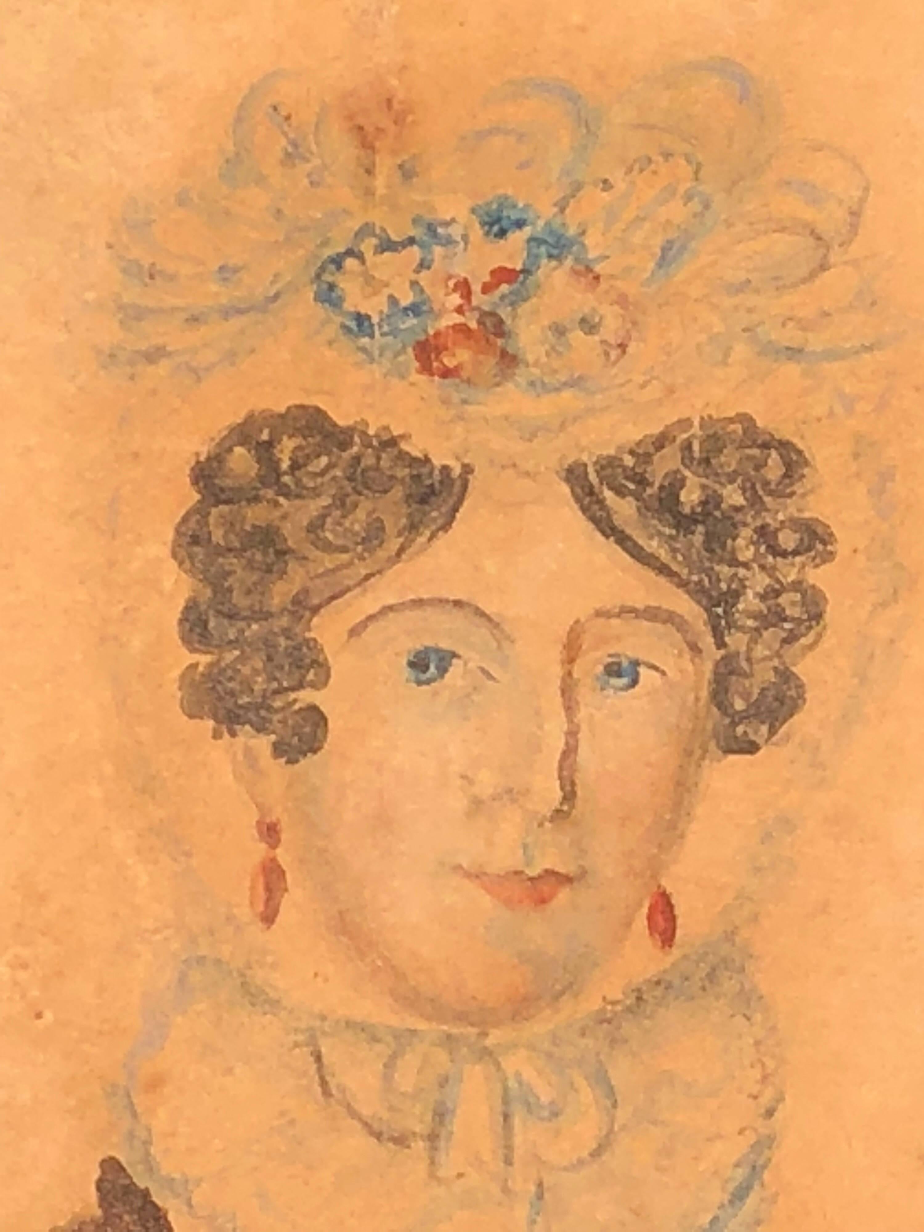 Folk Art miniature watercolor of fancy lady on paper
New England, circa 1830.