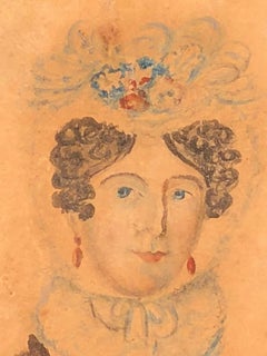 Folk Art Miniature Watercolor of Fancy Lady